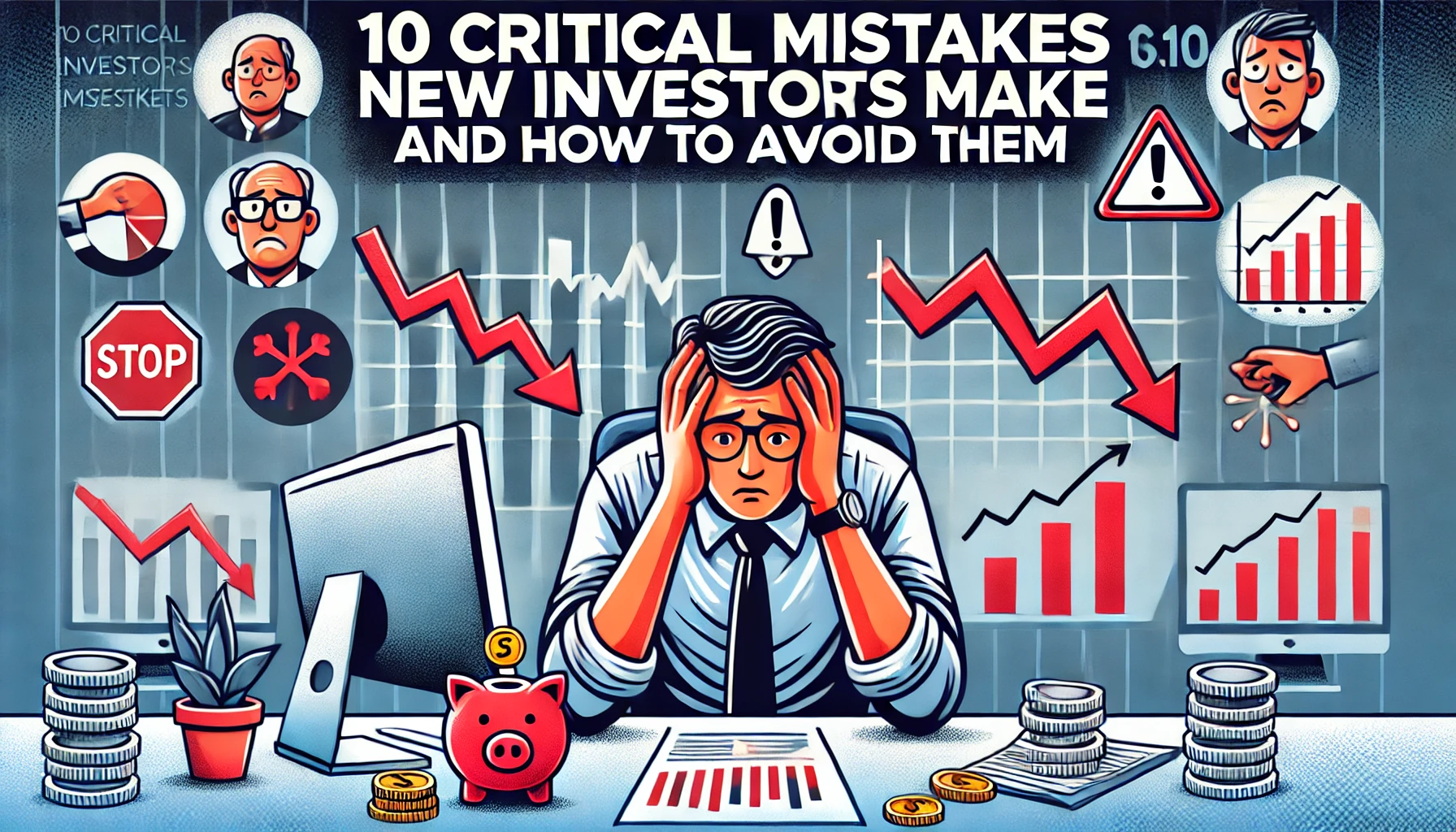 '10 Critical Mistakes New Investors Make and How to Avoid Them.' Features an anxious new investor looking at a declining graph on a computer screen. Surrounding them are icons like a broken piggy bank, red downward arrows, and warning signs. Background is professional with shades of blue and gray. Title is in bold, easy-to-read text.