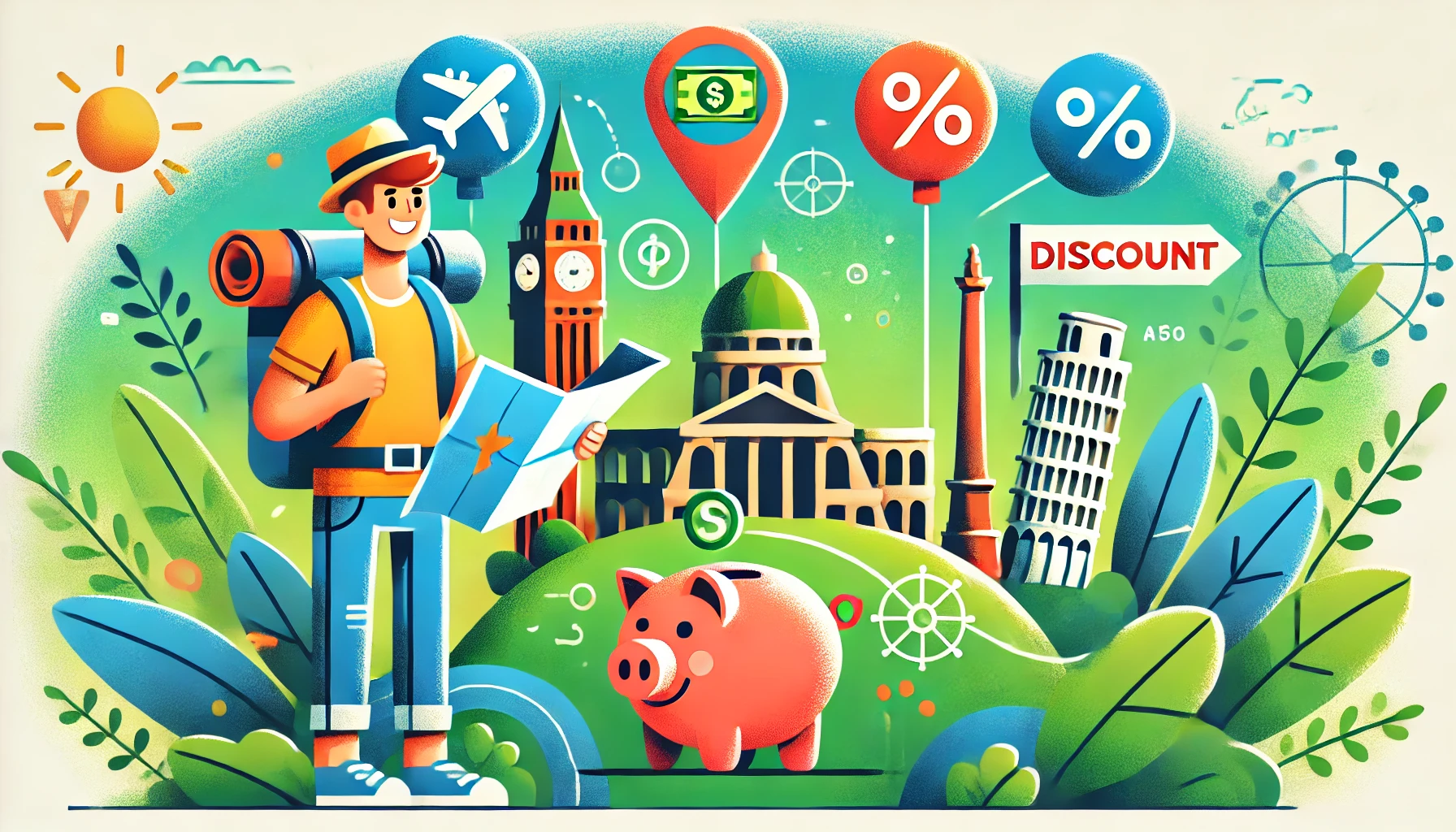A happy traveler with a backpack, holding a map, and looking at a famous landmark. Surrounding them are icons representing travel savings like a piggy bank, discount tags, and lesser-known landmarks. Background is vibrant with shades of green and blue, evoking a sense of adventure and discovery.