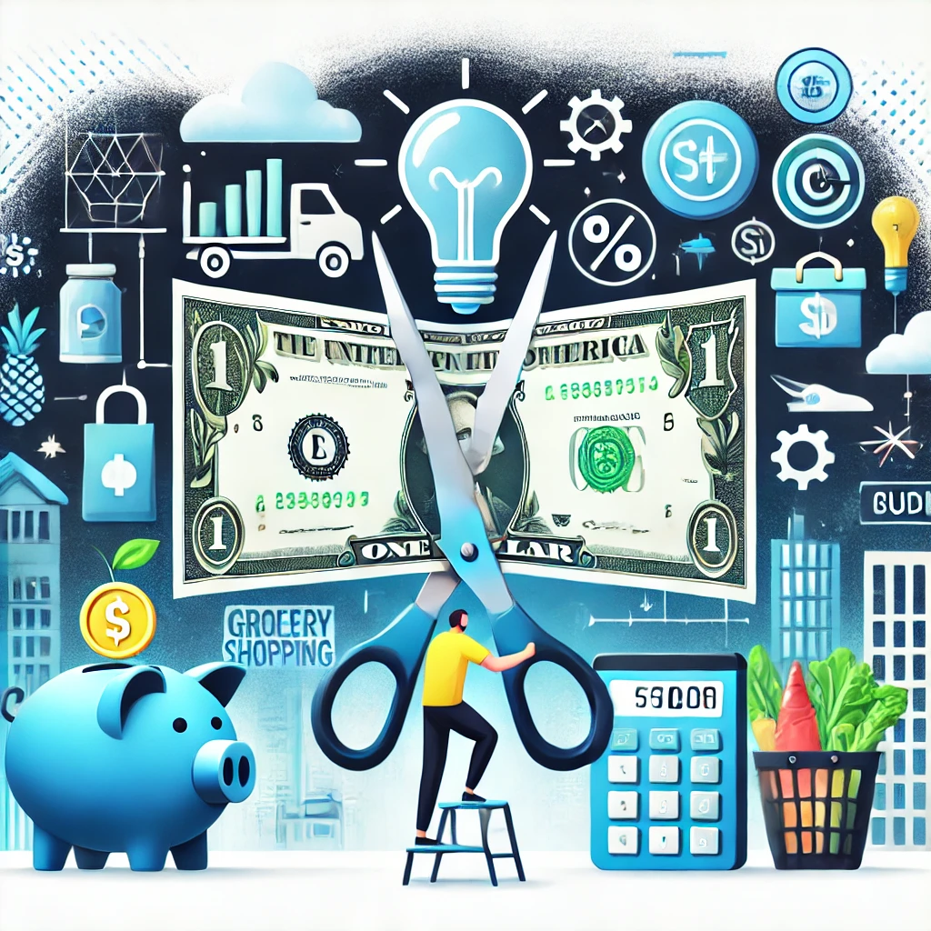 A person is cutting a large dollar bill in half with a pair of scissors in a futuristic cityscape. Symbols representing ways to save money, such as a piggy bank, a light bulb for energy saving, grocery shopping bags, and a calendar for budgeting, surround them.