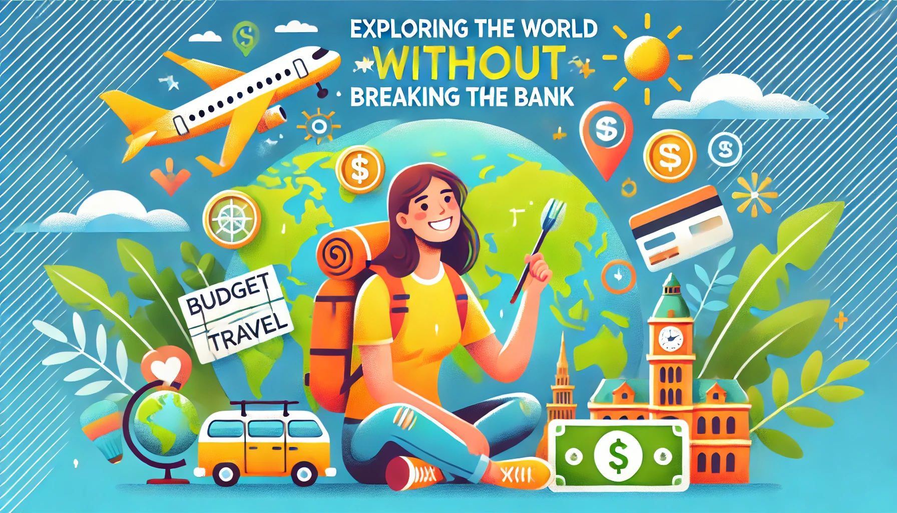 Exploring the World Without Breaking the Bank. Features a happy traveler with a backpack, looking at a map or globe. Surrounding them are icons like an airplane, budget-friendly travel symbols, and landmarks. Background is bright and adventurous with shades of blue and green. Title is in bold, easy-to-read text.