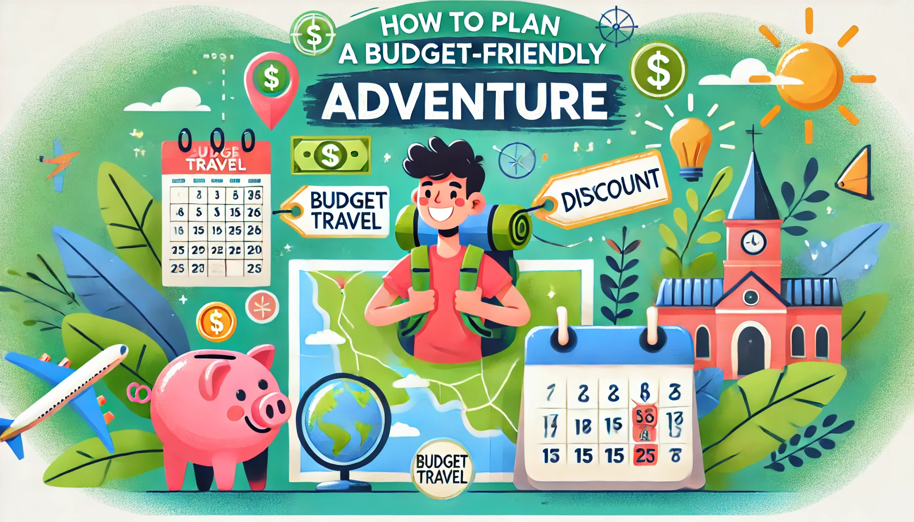 A cheerful traveler with a backpack and a map. Surrounding them are icons of budget travel like a piggy bank, discount tags, and a calendar with marked dates. Background is vibrant with shades of green and blue. Title 'How to Plan a Budget-Friendly Adventure' is prominently displayed with bold, easy-to-read text.