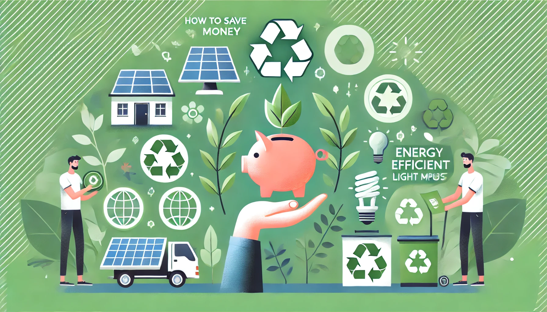 Image for 'How to Save Money While Reducing Your Environmental Impact.' Features a person holding a piggy bank and a green leaf. Surrounding them are icons like solar panels, recycling symbols, and energy-efficient light bulbs. Background is fresh with shades of green and blue. Title is in bold, easy-to-read text.