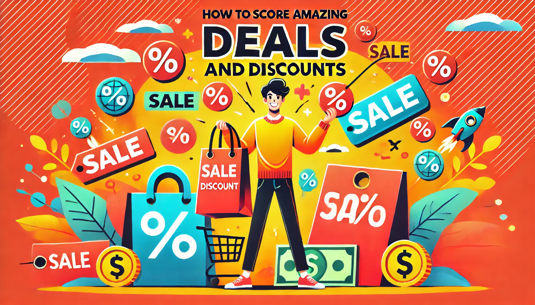 A happy shopper holding shopping bags with discount tags. Surrounding them are icons like a percentage sign, sale tags, and money. Background is lively with shades of red and yellow. Title 'How to Score Amazing Deals and Discounts' is prominently displayed with bold, easy-to-read text.