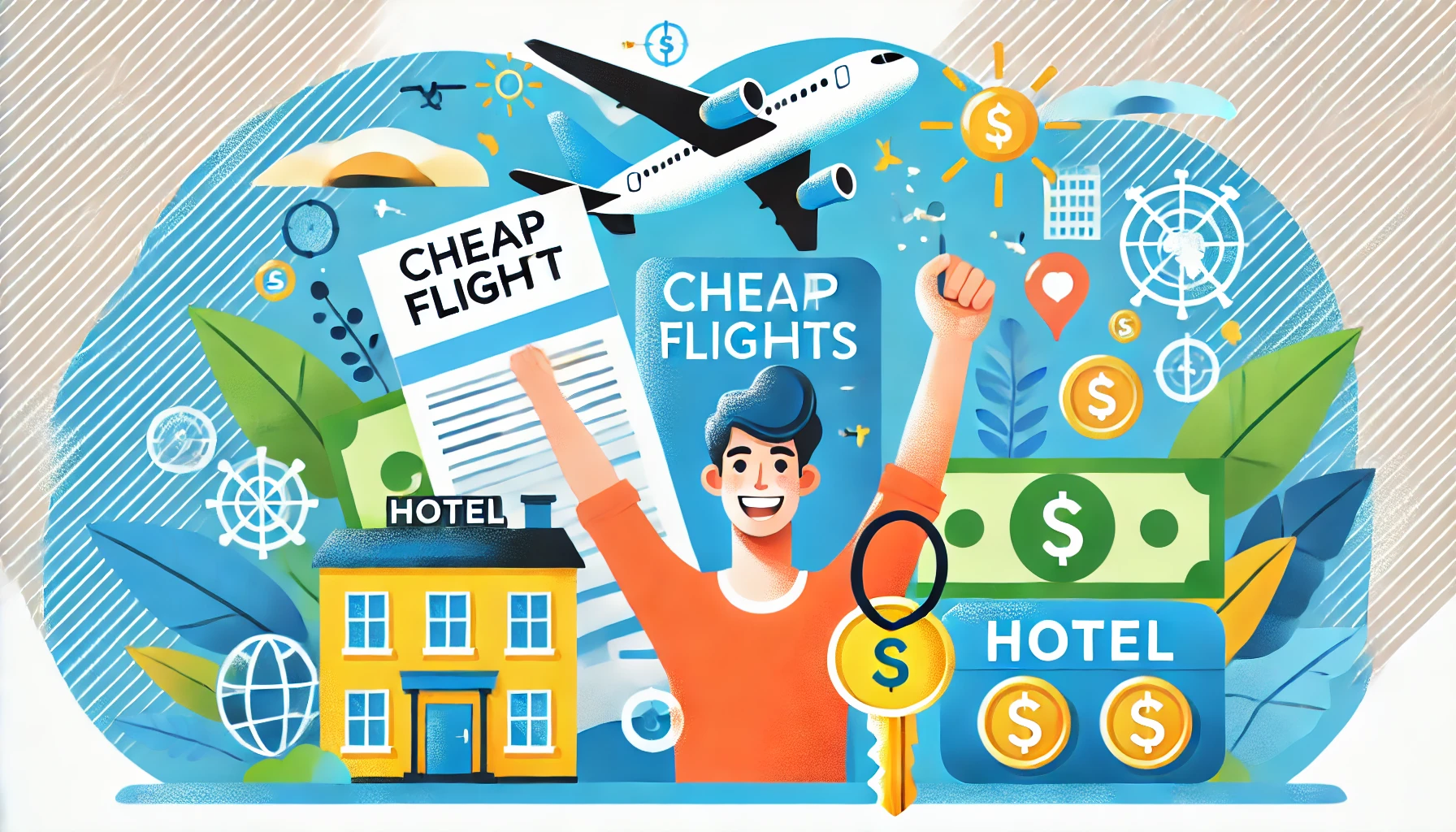 A happy traveler with a plane ticket and a key. Surrounding them are icons like an airplane, a hotel, and money symbols. Background is bright and travel-themed with shades of blue and yellow.