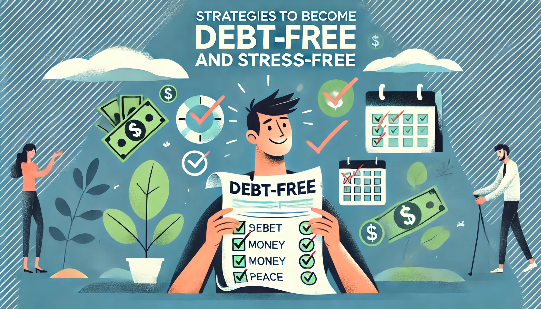 Features a relieved and happy person holding a torn debt document. Surrounding them are icons like money, a calendar with check marks, and a peace sign. Background is calm with shades of blue and green. Title is in bold, easy-to-read text.