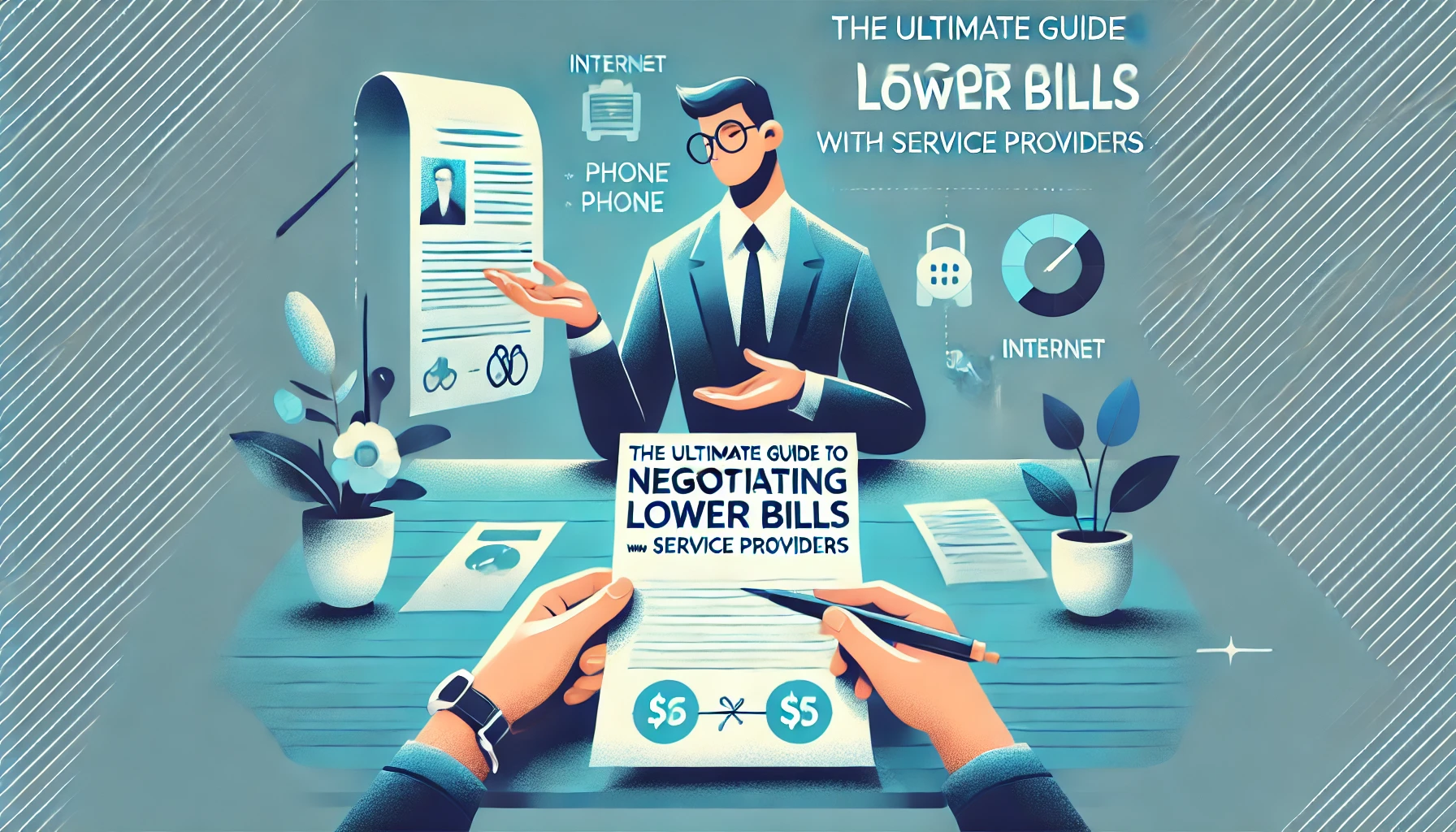 A confident person holding a bill and a pen, negotiating across a table with a service provider. The background includes subtle service icons representing internet, phone, and utilities. The title is prominently displayed with bold, easy-to-read text in shades of blue, green, and white.
