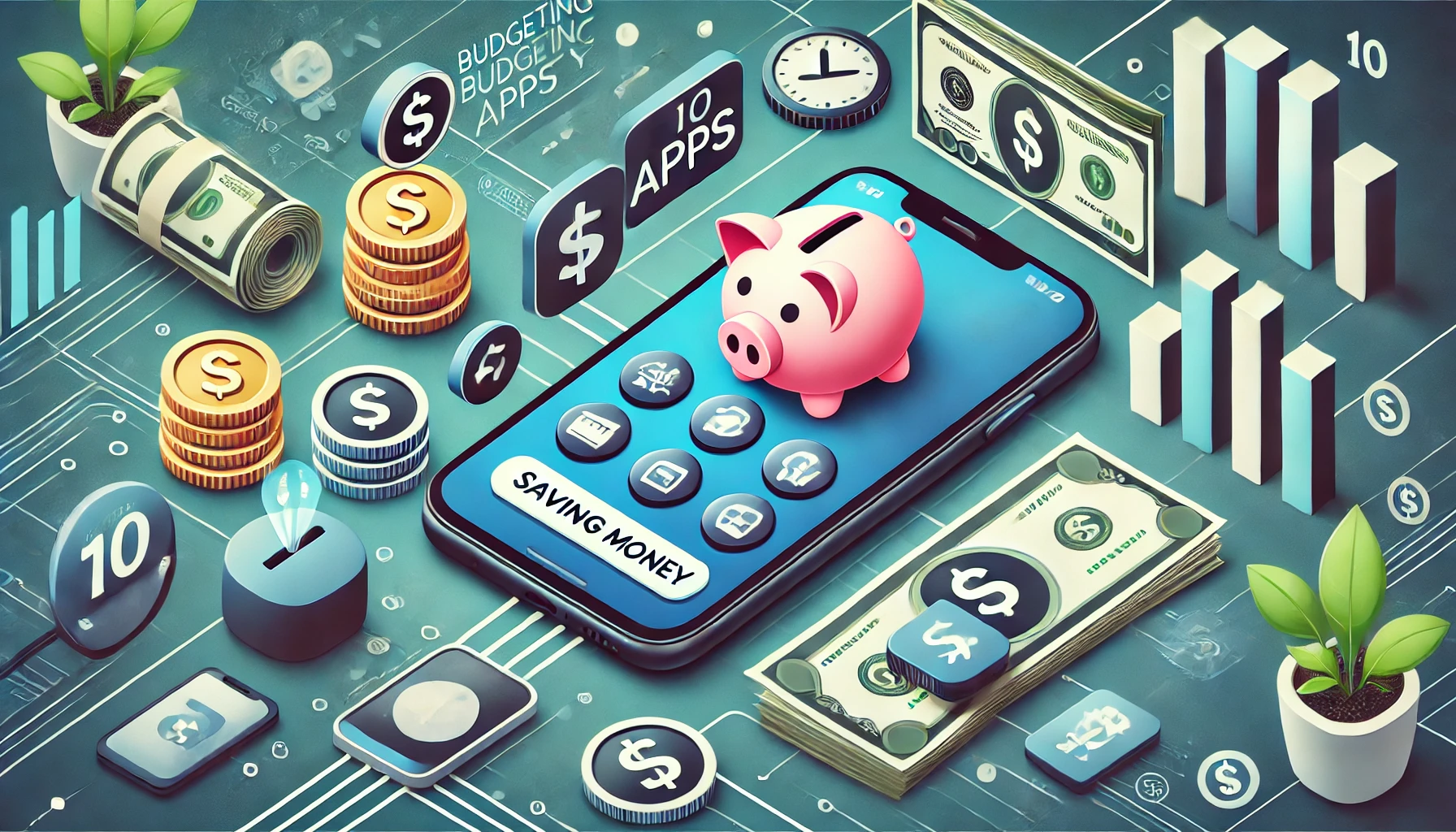 A smartphone displaying various budgeting app icons. Surrounding the phone are icons like coins, dollar bills, and piggy banks. Background is tech-savvy with shades of blue and green. Title 'Top 10 Budgeting Apps for Saving Money' is prominently displayed with bold, easy-to-read text.