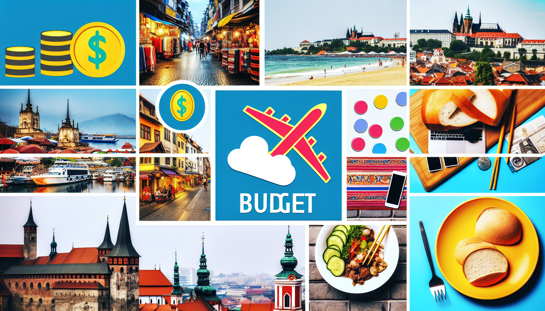 Alt Text: A collage image featuring various travel scenes and symbols associated with budget travelers and affordable destinations. Includes images of European towns with historical architecture, bustling market streets, picturesque coastal beaches, and a budget-themed graphic with an airplane and dollar sign. Additional elements show bread, food, and travel essentials such as a laptop, phone, and camera.