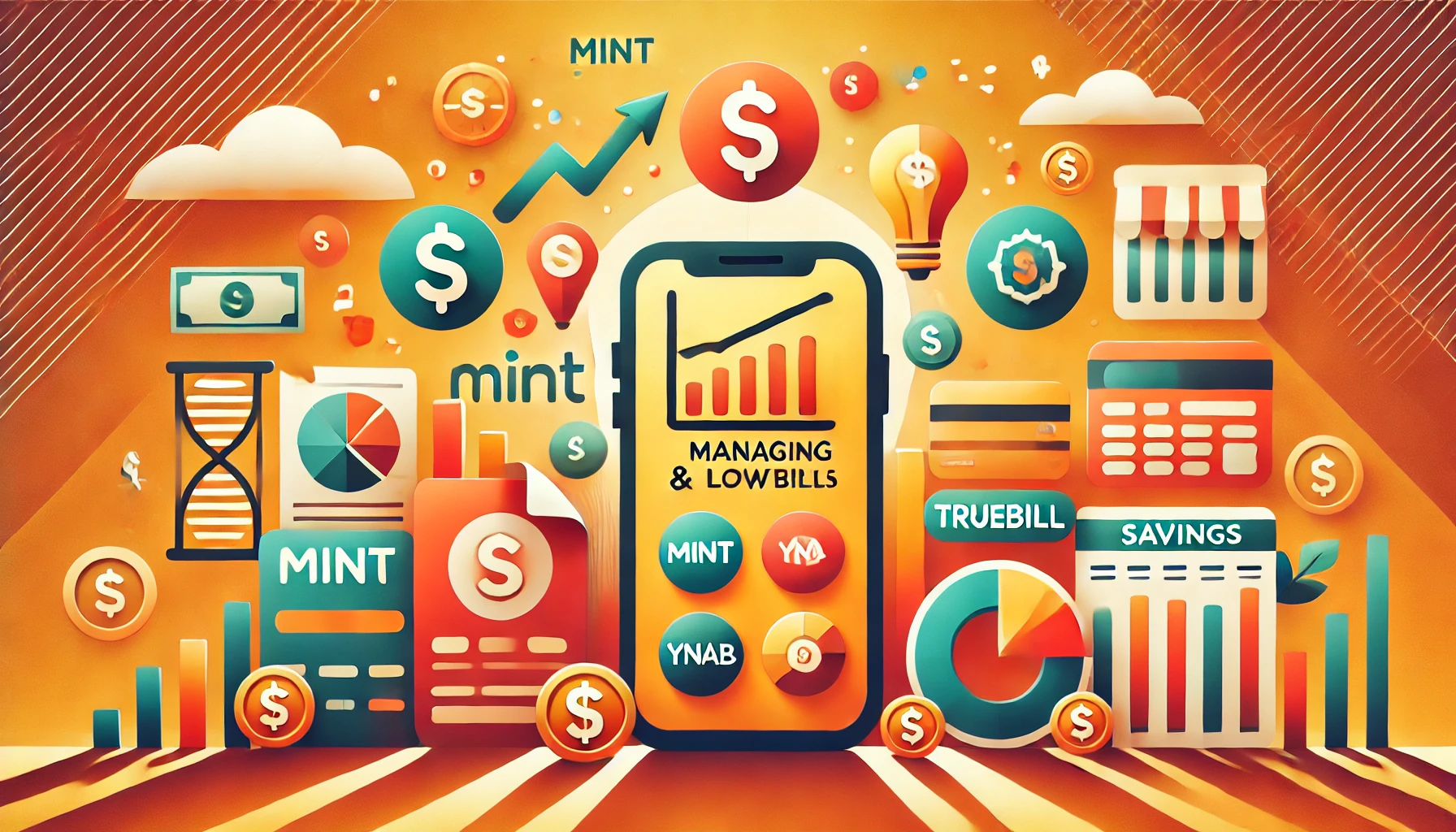 Image showcasing smartphone icons with logos of popular budgeting and bill management apps surrounded by financial symbols, on a warm gradient background.