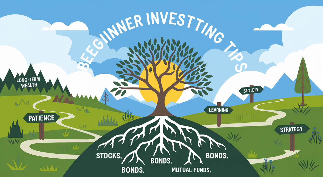 Vibrant landscape of investing journey from beginner to long-term wealth.