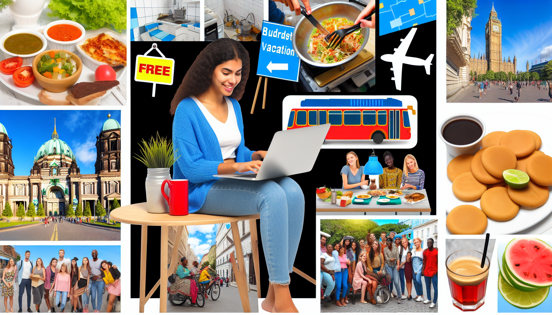 Collage of images representing a budget-friendly vacation: a person sitting with a laptop researching travel, a "FREE" sign, diverse meals, landmarks such as Big Ben and a European cathedral, group photos of friends, public transportation symbols, food, and street scenes.