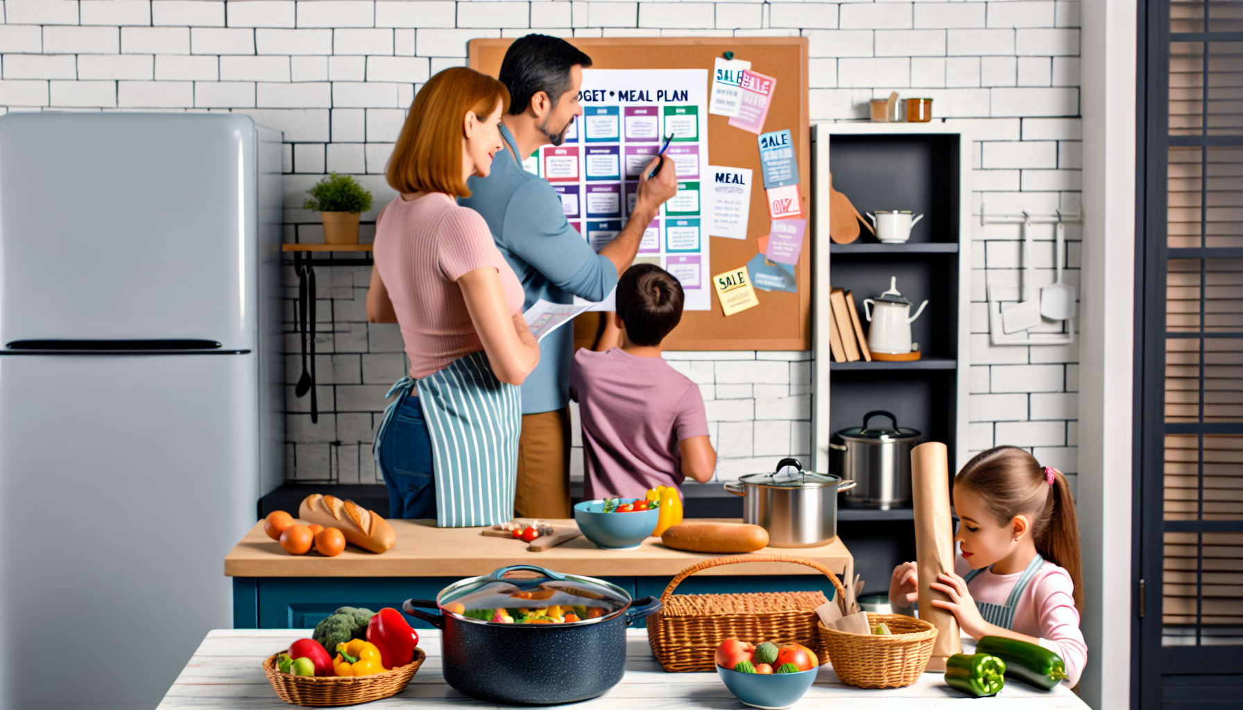 A family gathers in a modern kitchen to work on budget meal planning. They are arranging meal schedules and writing on a large corkboard labeled "Budget Meal Plan," with various sale and meal plan notes pinned up. The kitchen counter is filled with fresh vegetables, a pot of cooked food, and a basket of ingredients, emphasizing practical and affordable meal preparations for families.