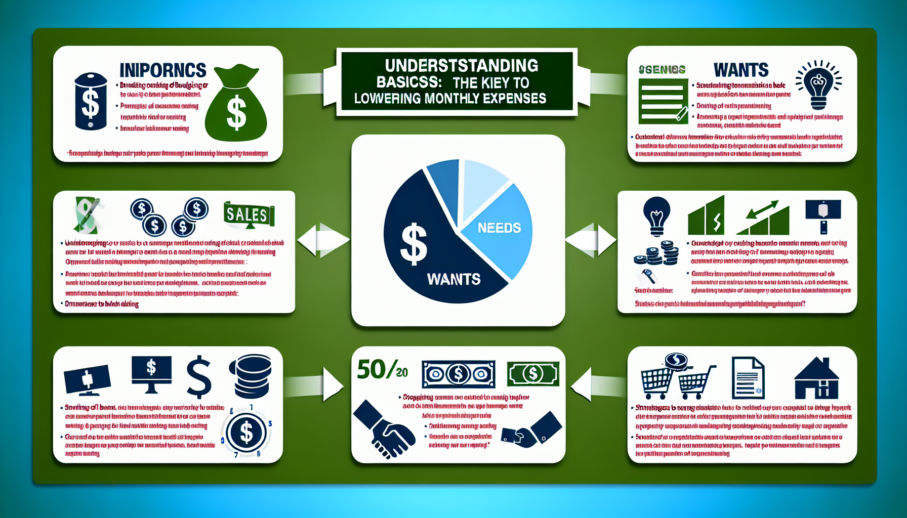 Alt Text: A green infographic titled "Understanding Basics: The Key to Lowering Monthly Expenses," featuring a central pie chart labeled "Needs" and "Wants." Surrounding the chart are several blocks with tips on budgeting basics and managing monthly expenses, including sections on income, wants, emergency funds, savings, cutting costs, and financial goals. Each section includes text descriptions and relevant icons like dollar signs, sales tags, shopping carts, and light bulbs. The infographic emphasizes the importance of distinguishing between needs and wants and provides strategies for effective budgeting.