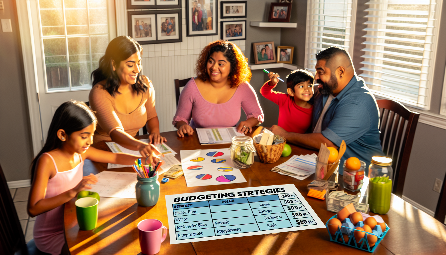 A family of five, including two adults and three children, is gathered around a dining table discussing budgeting strategies. Various financial documents and colorful pie charts are spread across the table. The central focus is a large sheet of paper titled "BUDGETING STRATEGIES," with outlined categories for expenses and savings. The sunny room has family photos on the wall and is warmly lit by natural light from the windows.