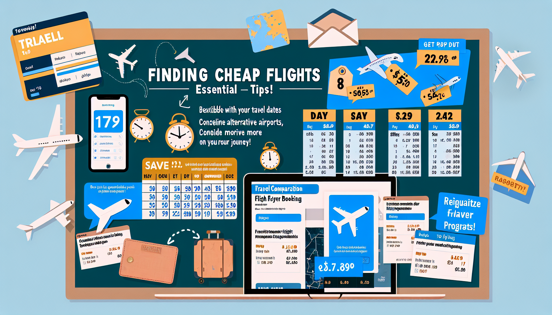 Alt Text: An informative graphic titled "Finding Cheap Flights - Essential Travel Tips!". The visual includes various elements such as airplane tickets, travel dates, a mobile displaying flight prices, clocks, and a travel comparison chart. It provides tips on being flexible with travel dates, considering alternative airports, and exploring more cost-effective journey options. Additionally, it highlights methods to save money on flights, with visual cues like price tags and calendars. The graphic is colorful and packed with travel-related icons and illustrations.