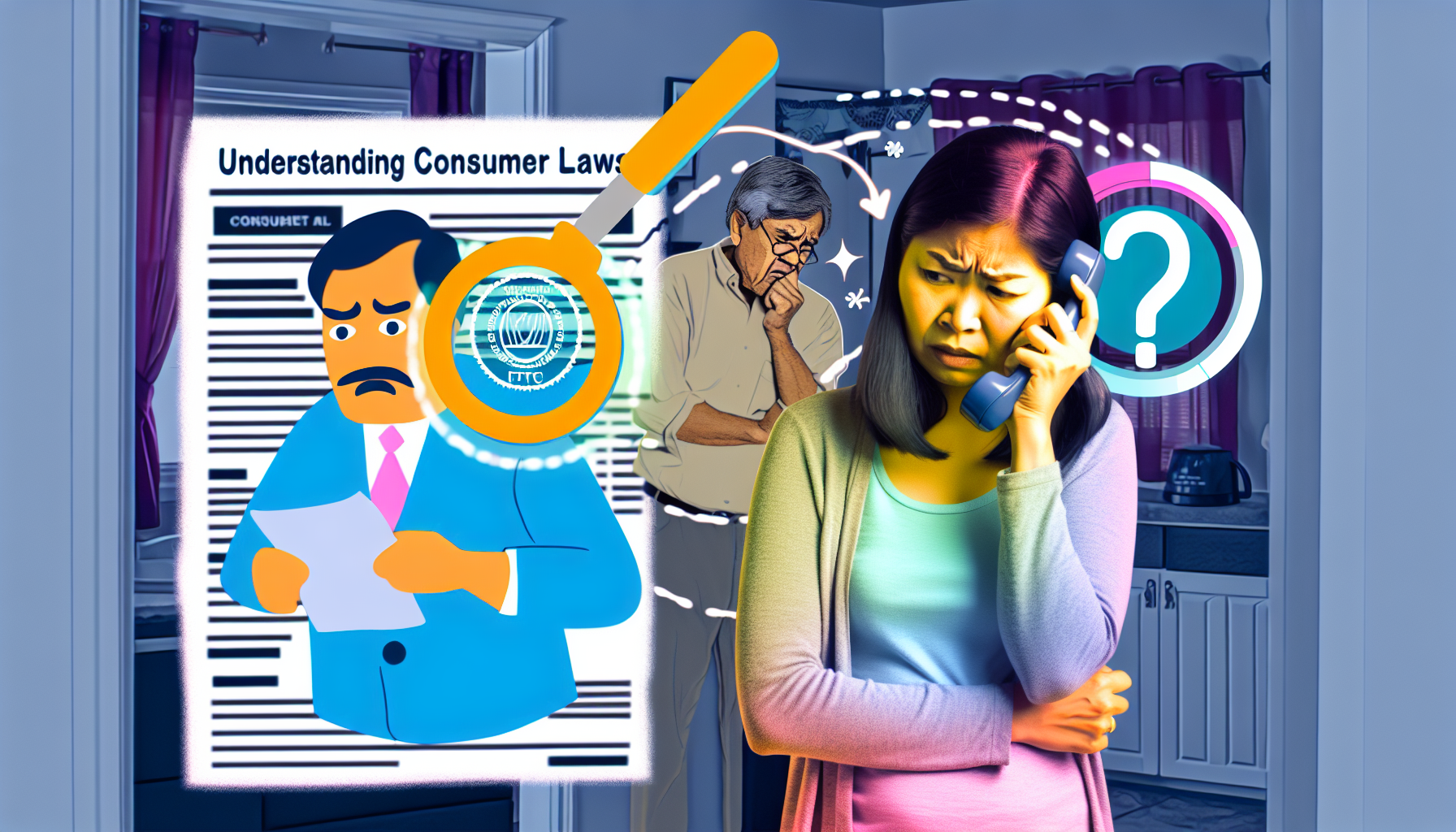 A worried woman is on the phone while looking at a piece of paper in a kitchen. Behind her, there is a graphic representation of consumer protection laws, featuring a concerned man reading a document under a magnifying glass. Another person in the background appears contemplative, highlighting the confusion and stress related to cable bills and consumer protection laws.