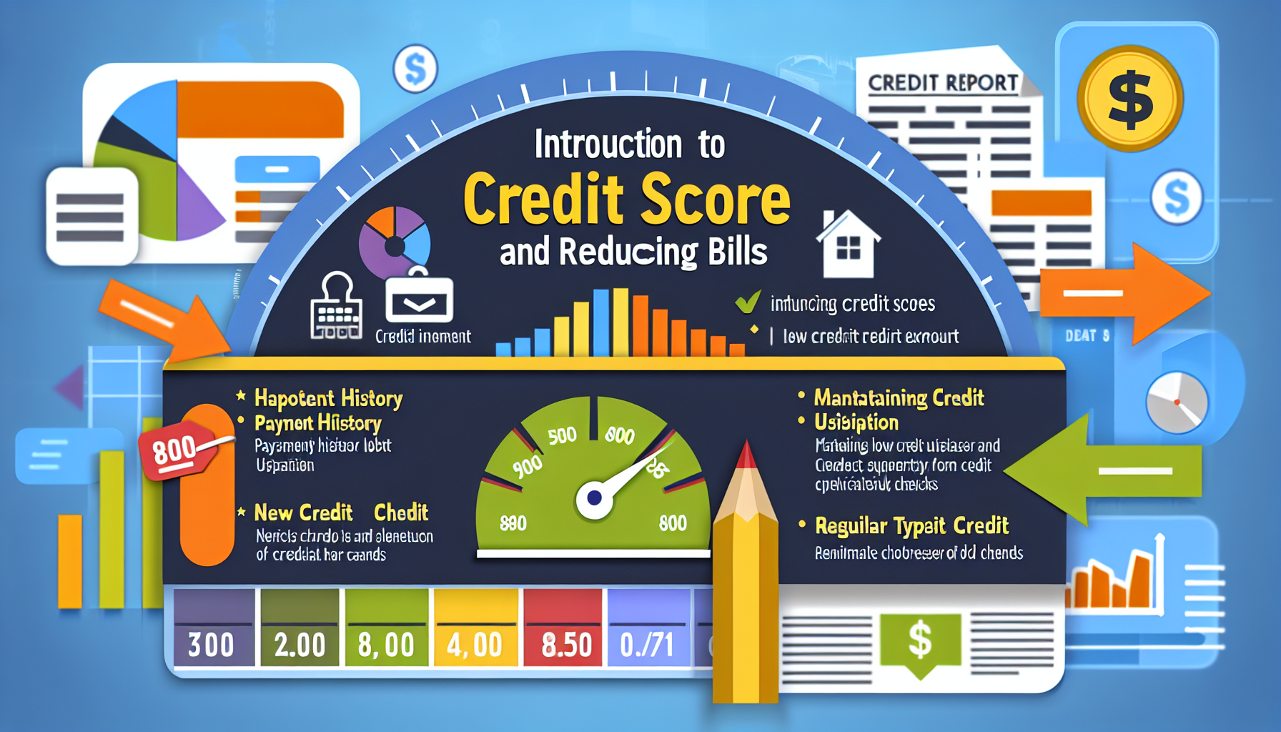 Alt Text: A colorful infographic titled "Introduction to Credit Scores and Reducing Bills." It features a speedometer-like gauge showing different ranges of credit scores, several icons such as a house, dollar signs, and bar charts. The infographic includes sections on payment history, new credit, maintaining credit utilization, and managing different types of credit, all aimed at improving credit scores and reducing bills.