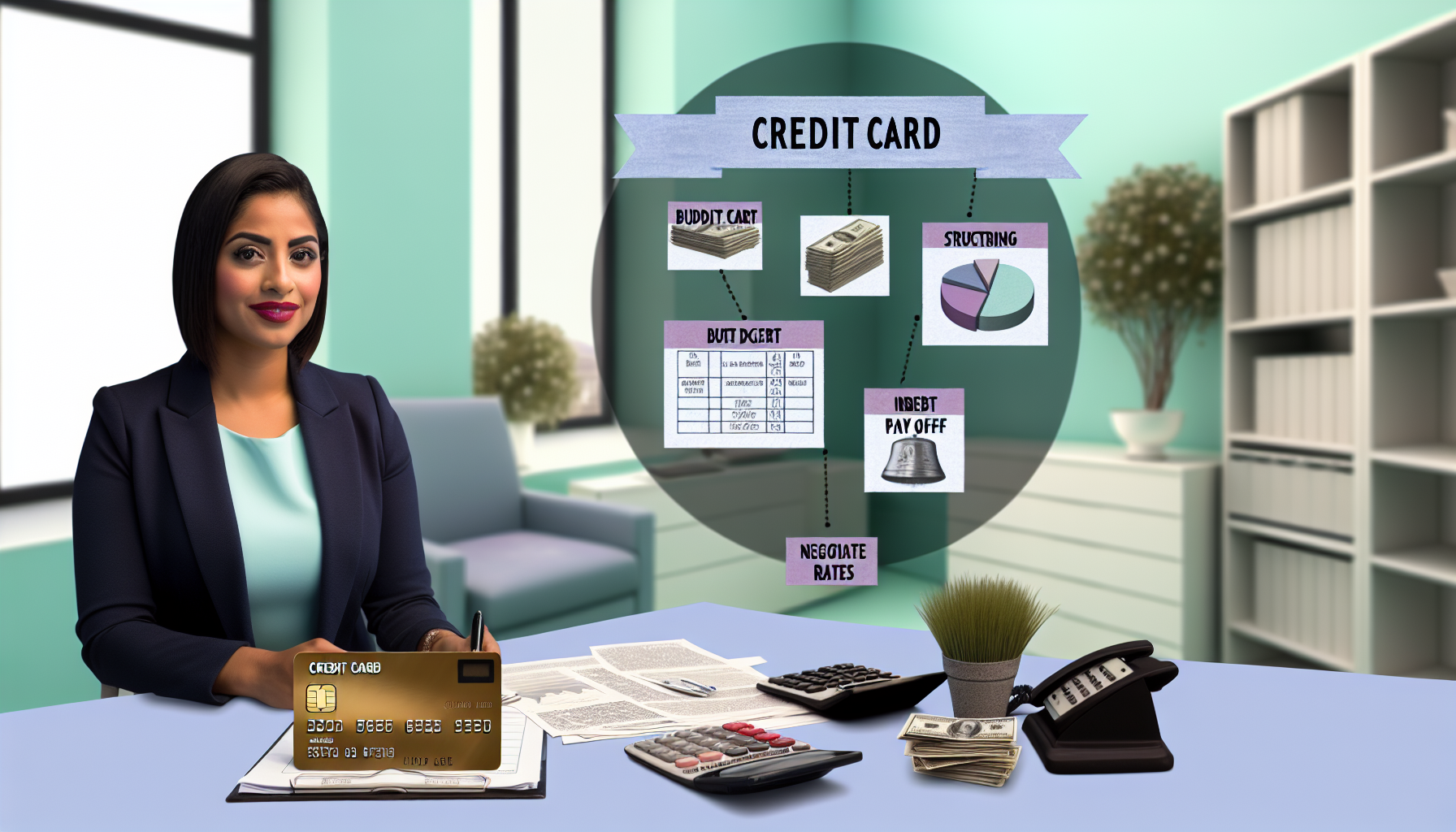 A woman sits at a desk in an office with finance tips and credit card bills displayed. The desk has a large credit card, papers, calculators, a stack of cash, and a phone. Behind her is a chart labeled "Credit Card" with segments like budget, debt, scrutinizing, and debt pay off.