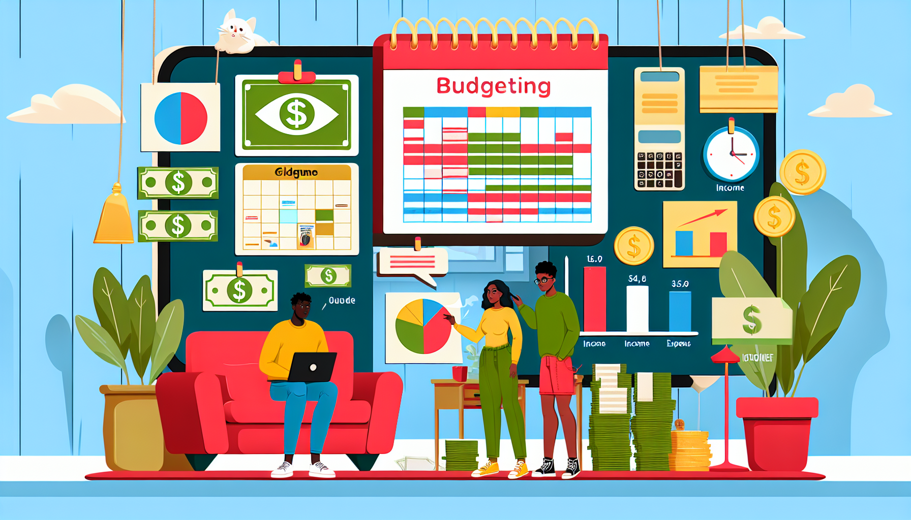Alt Text: An illustration showcases an effective budget planning scene. A large calendar marked "Budgeting" sits centrally, surrounded by financial charts, graphs, and icons depicting money and dollar signs. A person sits on a red couch with a laptop, while two others stand discussing a pie chart. Various office supplies, plants, and stacks of money complete the scene, emphasizing financial management and budgeting.