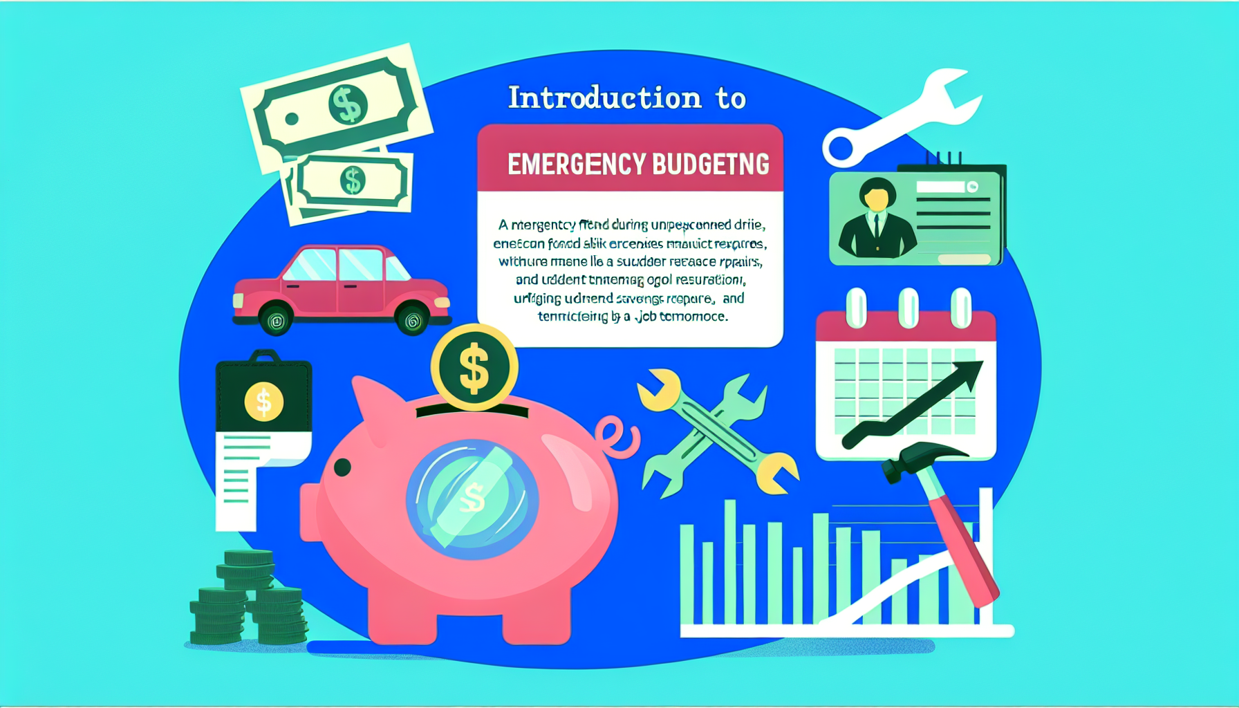 An infographic titled "Introduction to Emergency Budgeting" featuring a variety of icons related to unexpected expenses and financial management. Central elements include a pink piggy bank, dollar bills, a calendar, a car, stacks of coins, a wrench, a hammer, and a business card. The text defines emergency budgeting as planning for unexpected expenses like emergency medical bills, car repairs, sudden home appliance failures, unexpected savings requirements, and job loss.