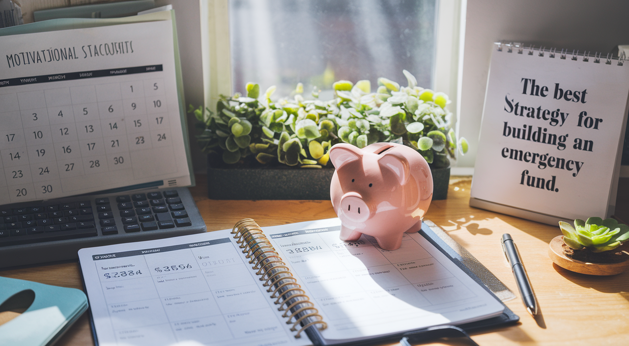 Serene Organized Workspace Financial Planner Piggy Bank Calendar Sunlight Plant.
