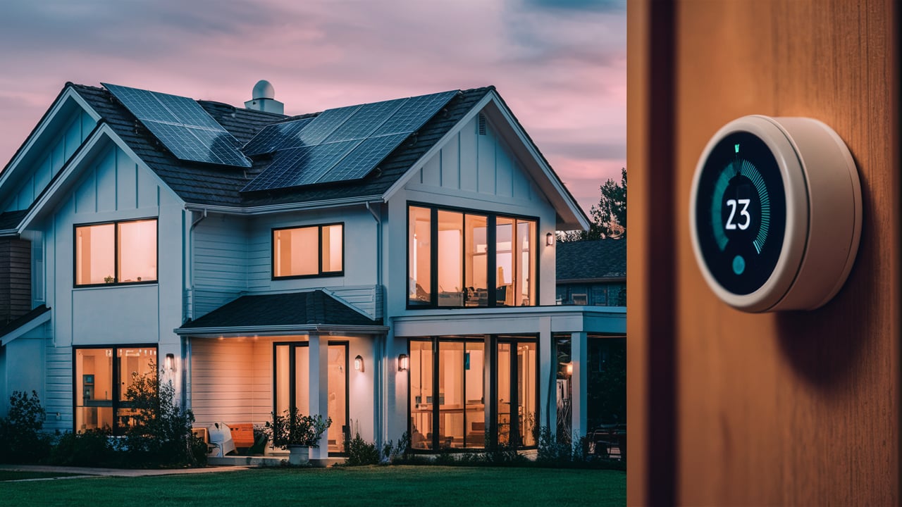 Modern energy-efficient home with solar panels on the roof and a smart thermostat on the wall.
