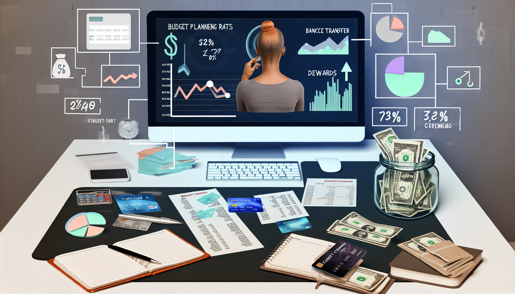 A desk setup illustrating finance management with a focus on finance tips and credit card bills. The scene features a computer monitor displaying budgeting graphics and charts. The desk is filled with financial documents, credit cards, a calculator, cash in a jar, notebooks, and other physical and digital financial tools. The multiple visual elements, including an individual analyzing graphs on the monitor, emphasize various aspects of financial planning and managing credit card expenditures.