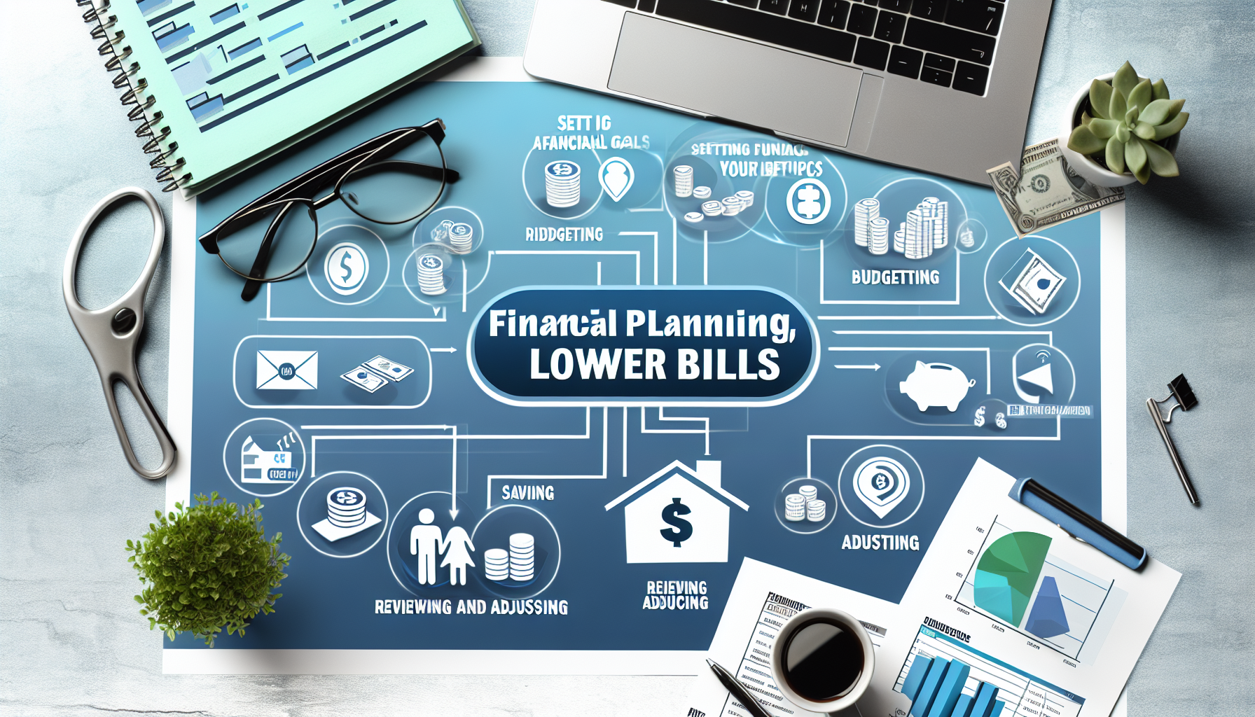 Alt Text: A desk setup with a laptop, glasses, a notebook, and various financial documents. The central infographic emphasizes "Financial Planning, Lower Bills" and features icons representing budgeting, saving, adjusting, and setting financial goals. Various financial planning elements such as reviewing and adjusting expenses, saving money, and budgeting are illustrated around the central theme.