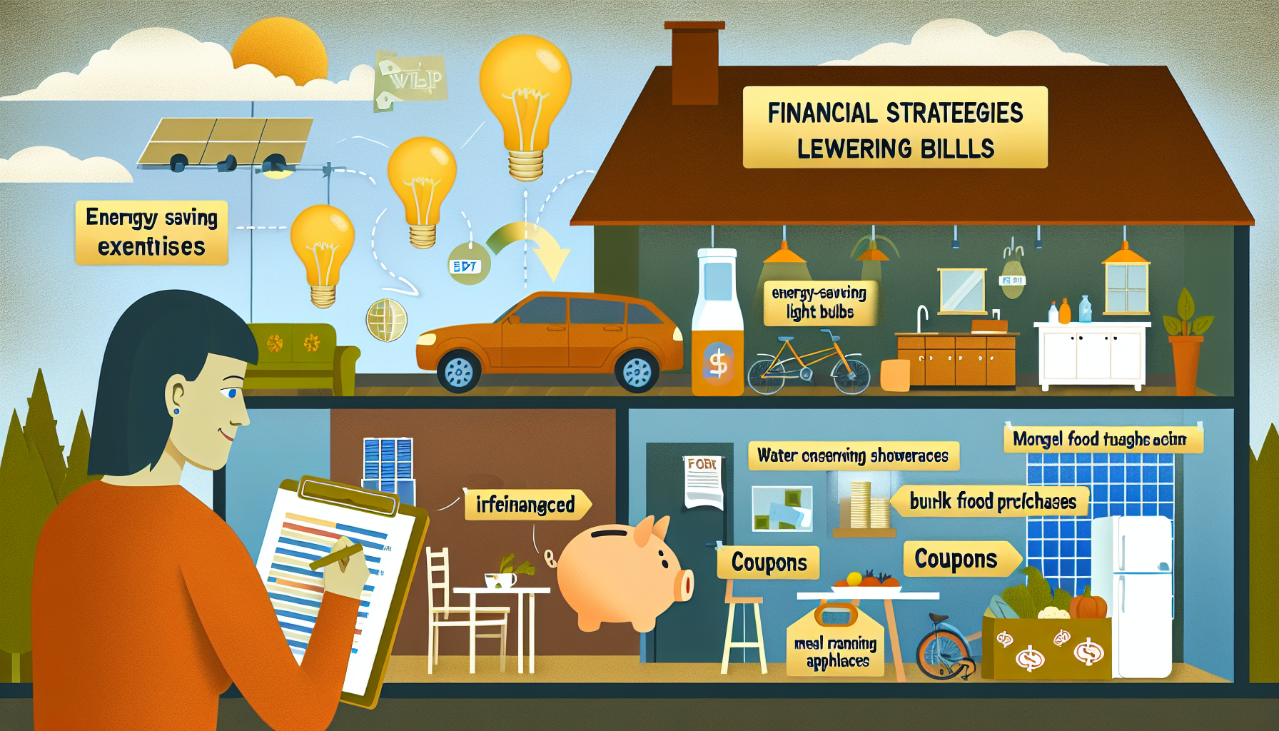 An illustration depicting various financial strategies for lowering bills within a house. The house is sectioned off into different rooms, each highlighting specific money-saving activities. The roof has a sign reading "FINANCIAL STRATEEGIES LEWERING BILLLS". The top left shows energy-saving practices like solar panels and energy-efficient light bulbs. Inside the house, labels indicate methods such as using energy-saving light bulbs, water-conserving showerheads, bulk food purchases, and utilizing coupons. There are noticeable spelling mistakes on some signs, like "energy saving exentsises", "irfeinanced", "meal renning appliaces", "Morgal food tuaghe coin", and "lewering billls". A person is holding a clipboard with a chart, symbolizing keeping track of expenses.
