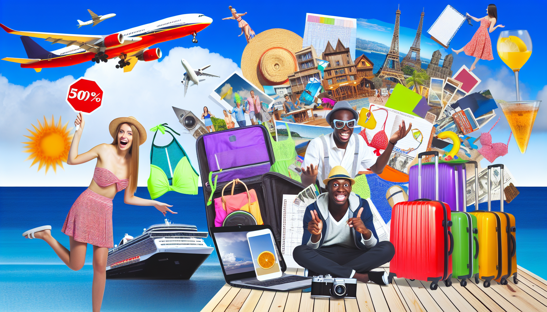 An exuberant collage of vacation-themed elements centered around a beach backdrop, including a cruise ship, airplanes, colorful luggage, a joyous couple, travel gear, and landmarks like the Eiffel Tower. A smiling woman in a red striped swimsuit holds a "50%" discount sign, emphasizing the excitement of last-minute travel deals.