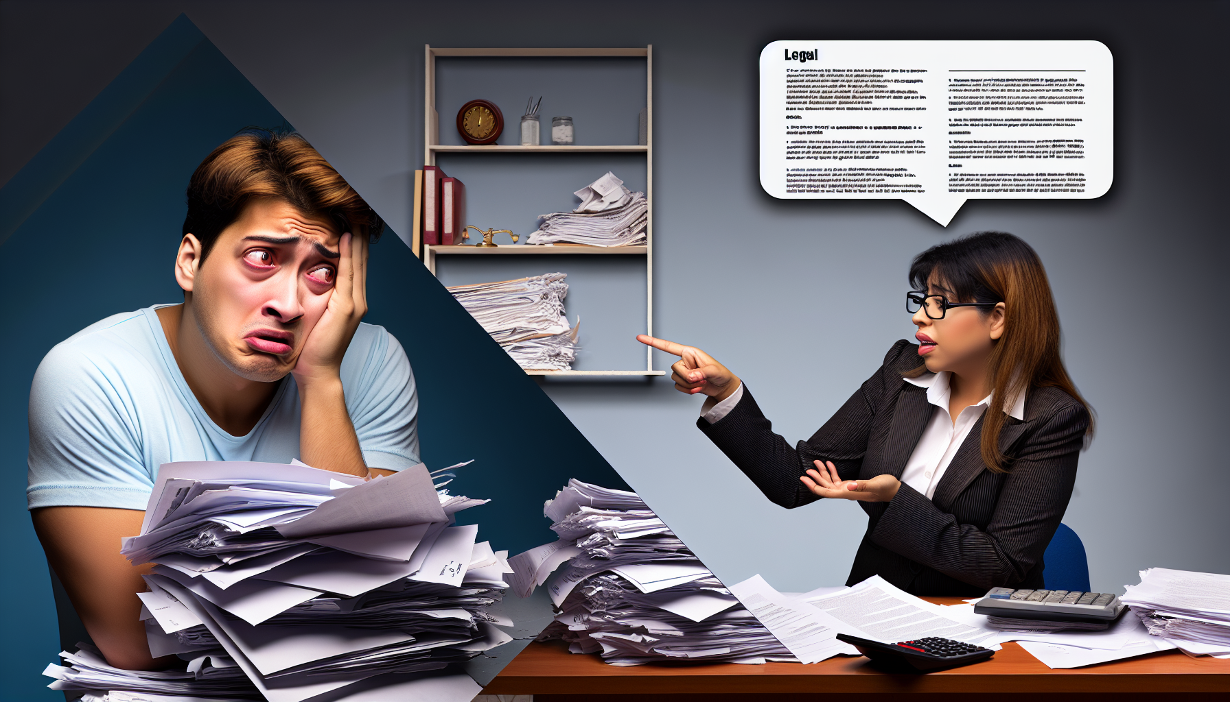 A frustrated man with tired eyes is holding his face in despair, surrounded by an overwhelming stack of papers and bills. On the right, a professional woman in business attire is seated at a desk, pointing and providing legal advice. The bubble above her head contains small, unreadable text indicating legal information or guidance. The scene signifies the need for legal advice concerning unfair bills. Additionally, shelves filled with documents and office supplies can be seen in the background.
