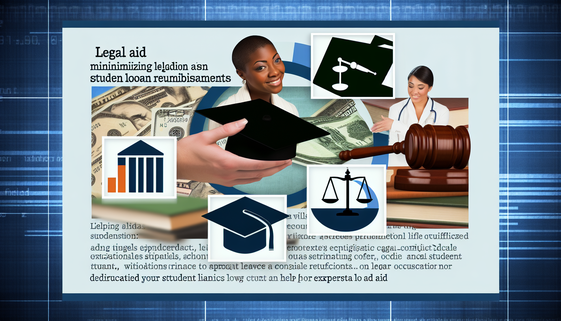 Alt Text: A digital collage illustrating various elements related to legal aid and student loan payments. The central image features a hand holding a graduation cap, surrounded by images of money, symbols of justice like a gavel and scales, medical professionals, and a bar chart suggesting financial aspects. The text header reads "Legal aid" with subtext that appears to discuss student loan reimbursements.