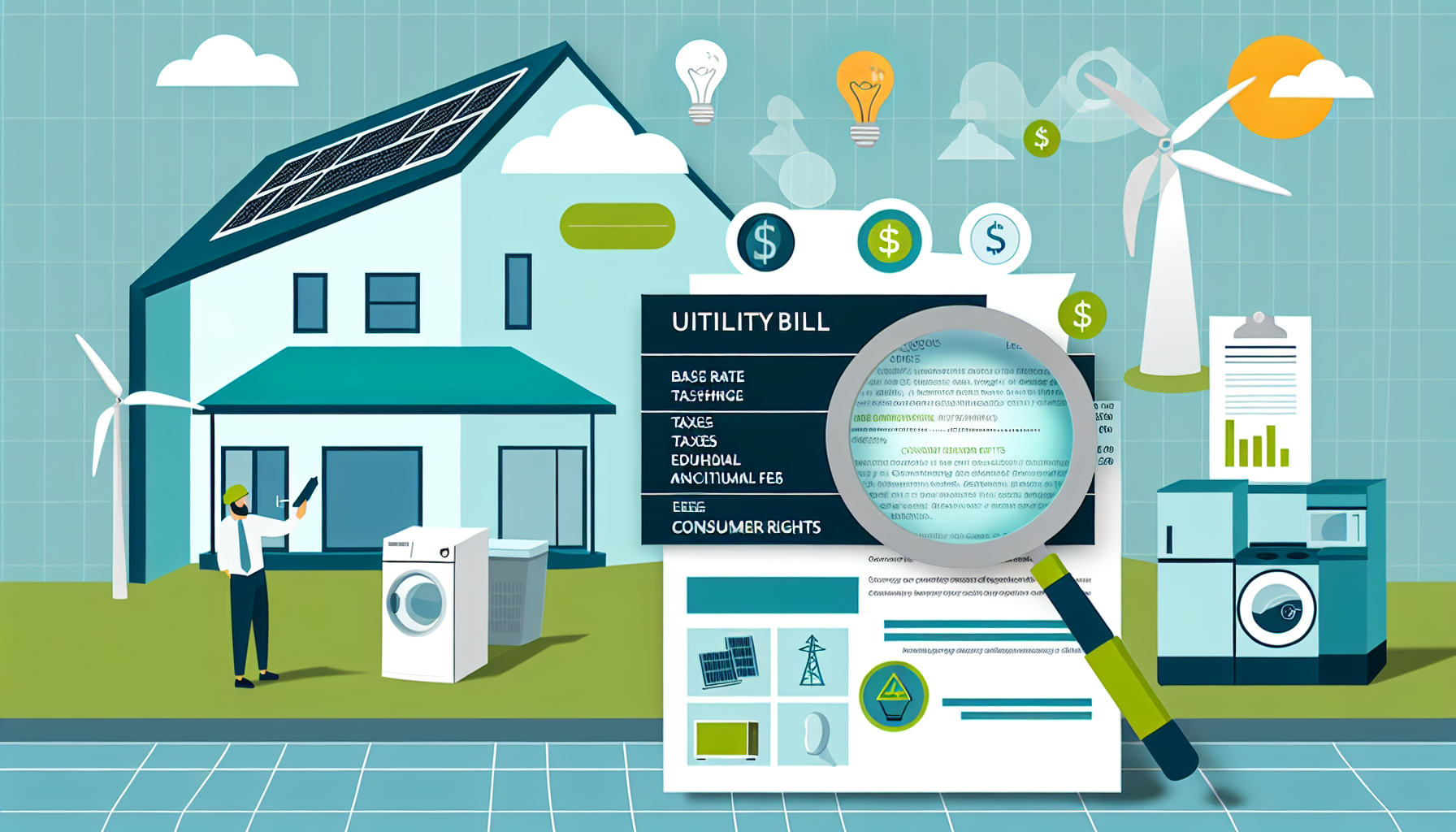 A modern illustration depicts various methods to reduce utility bills while emphasizing legal rights. A house equipped with solar panels and a wind turbine stands as the central element. Beside the house, a technician examines a washing machine. A highlighted utility bill with a magnifying glass focuses on detailed sections, including consumer rights. Additional graphics portray energy-efficient appliances and light bulbs, symbolizing savings. A clipboard with a chart and energy-related icons further emphasize the theme.