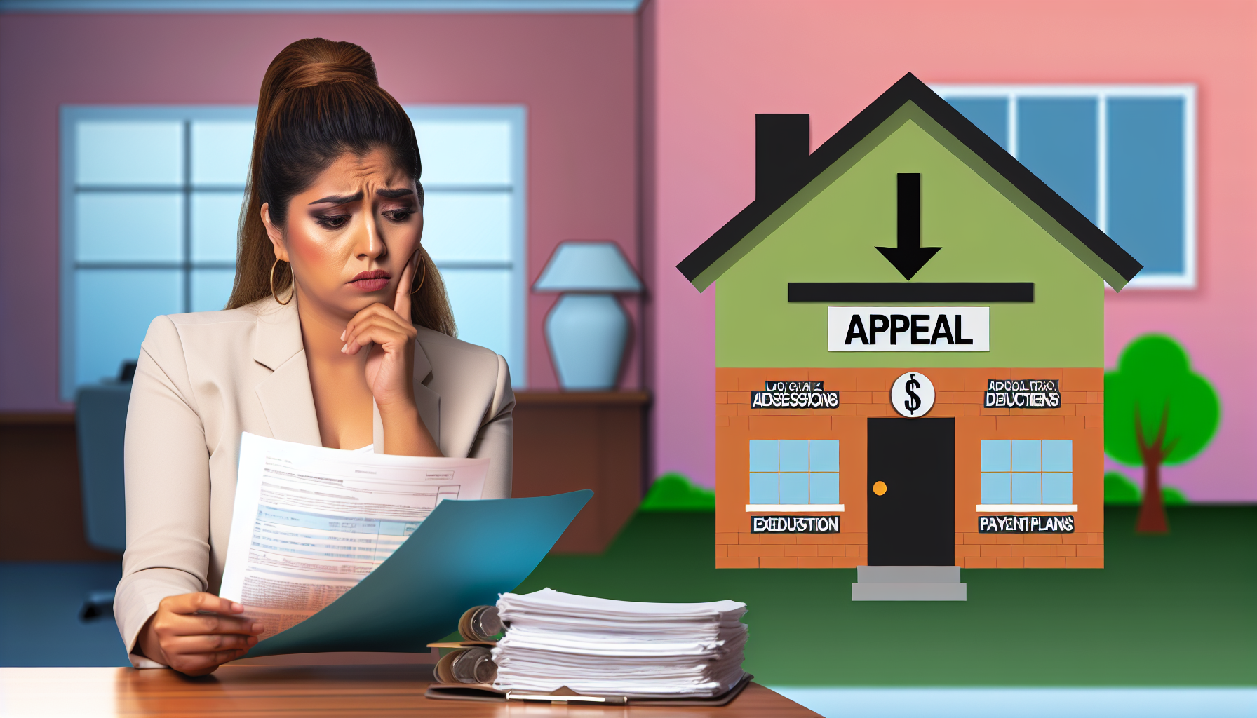 A concerned woman sits at a desk in an office, scrutinizing documents with a stack of papers in front of her. Next to her is an illustrated house with the word "APPEAL" prominently displayed. Various terms like "ASSESSMENT," "DEDUCTIONS," and "PAYMENT PLANS" are shown on the house. The image conveys the concept of taking legal steps to address high property tax bills.
