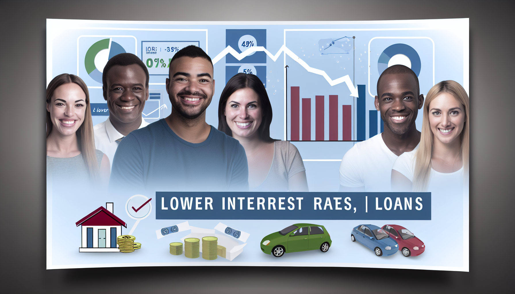 Alt Text: An image featuring a diverse group of five smiling people in front of financial graphs and charts. At the bottom, there are illustrations of a house, stacks of money, cars, and a checkmark. Text across the center reads "Lower Interest Rates, Loans."