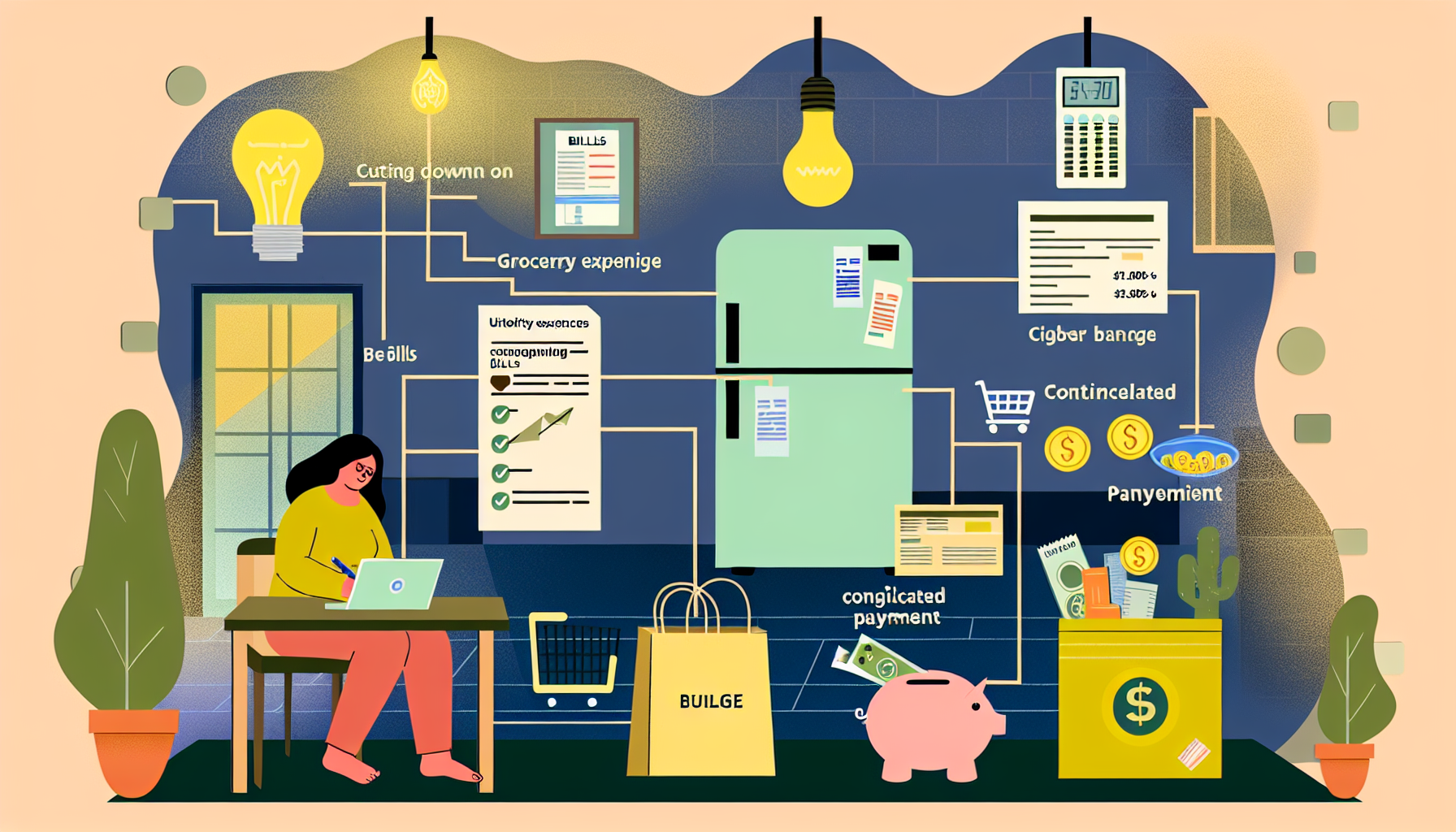 An illustration of a woman managing and lowering bills at her desk with various elements symbolizing bill management around her, such as utility bills, a refrigerator, a piggy bank, a calculator, grocery expenses, and payments. The background features interconnected lines and icons representing different aspects of budgeting and reducing costs.