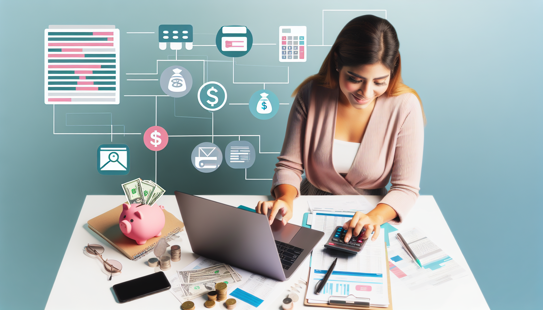 Alt Text: A woman sits at a desk using a laptop and calculator, surrounded by documents, money, coins, a piggy bank, and various financial icons on a background screen. The image represents managing a monthly budget and achieving financial stability.