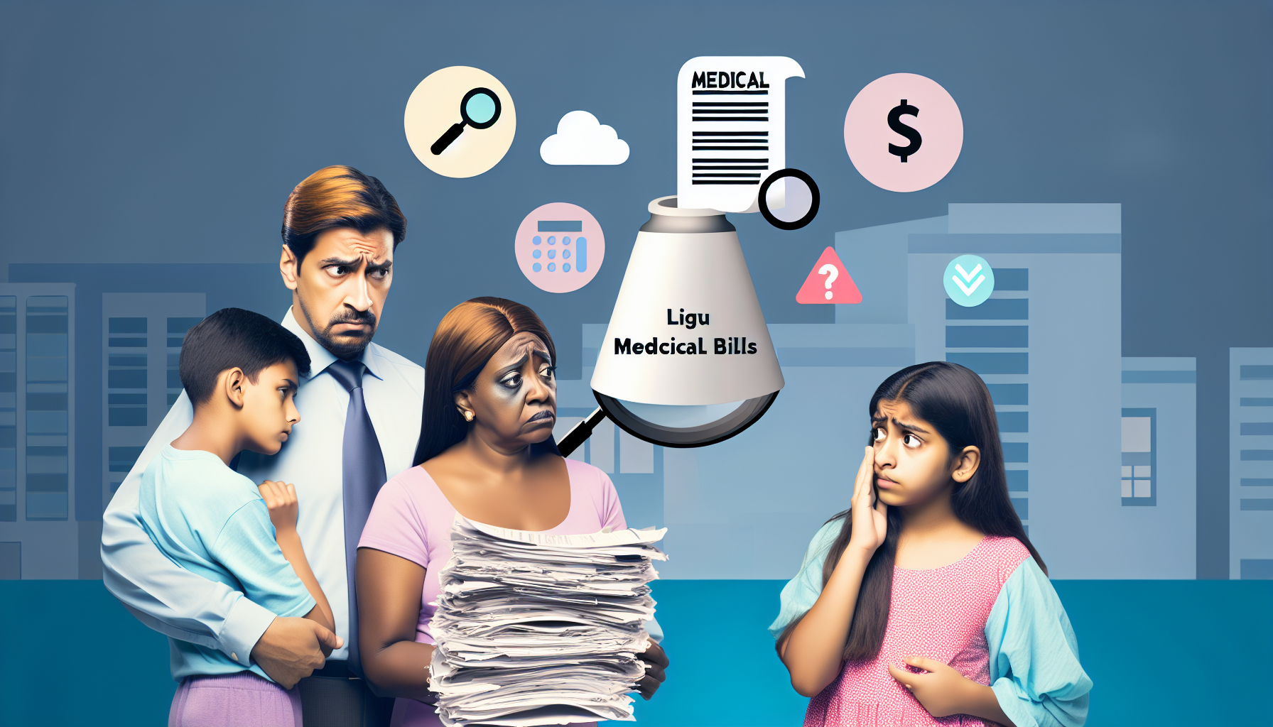A concerned family looking at a large stack of medical bills under a magnifying glass with the text "Ligu Medical Bills." The background shows icons for medical documents, a magnifying glass, a cloud, a calculator, and a dollar sign, symbolizing the need to negotiate medical bills legally. The environment suggests a complex and challenging financial situation.