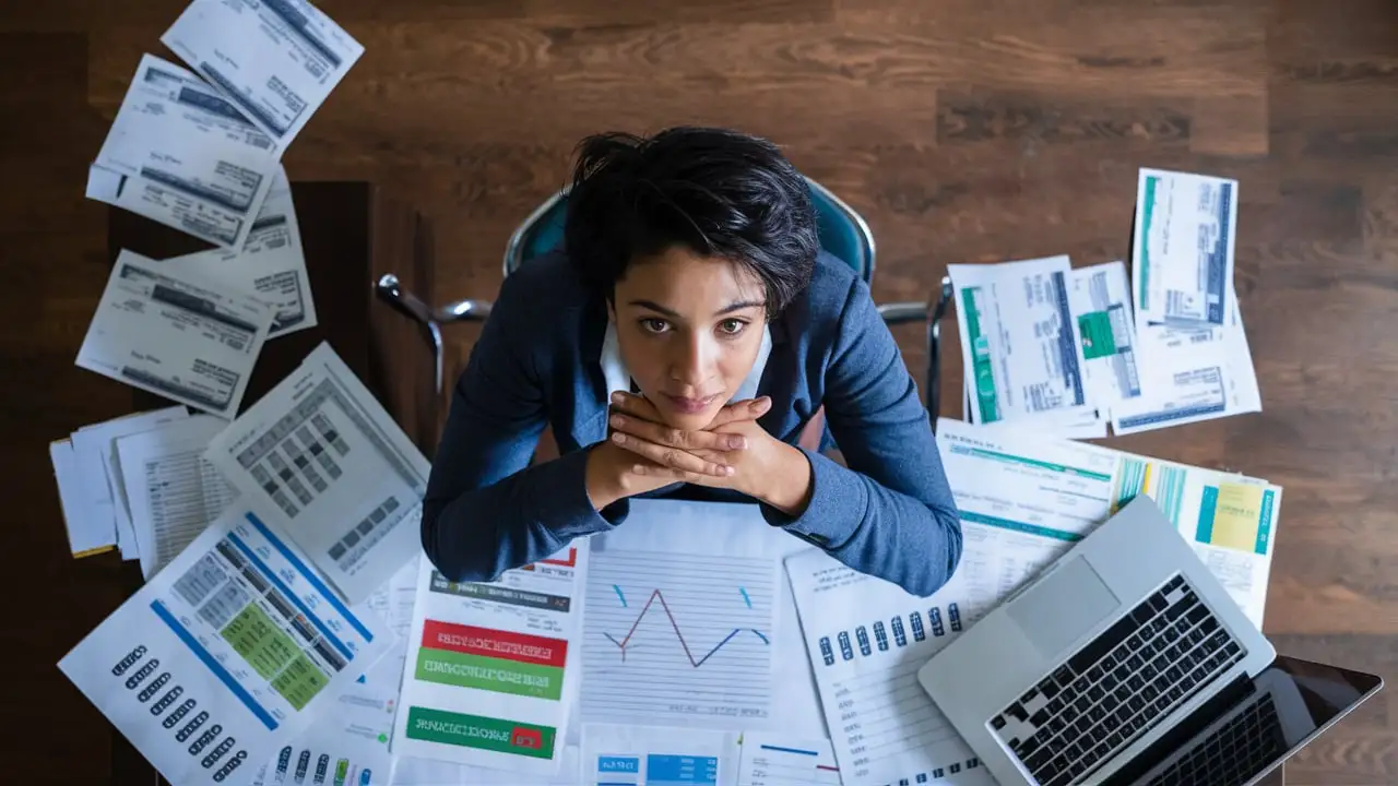 Person surrounded by financial documents and bills, looking up thoughtfully with a laptop in front. This person is trying to find investment strategies to lower long-term bills.