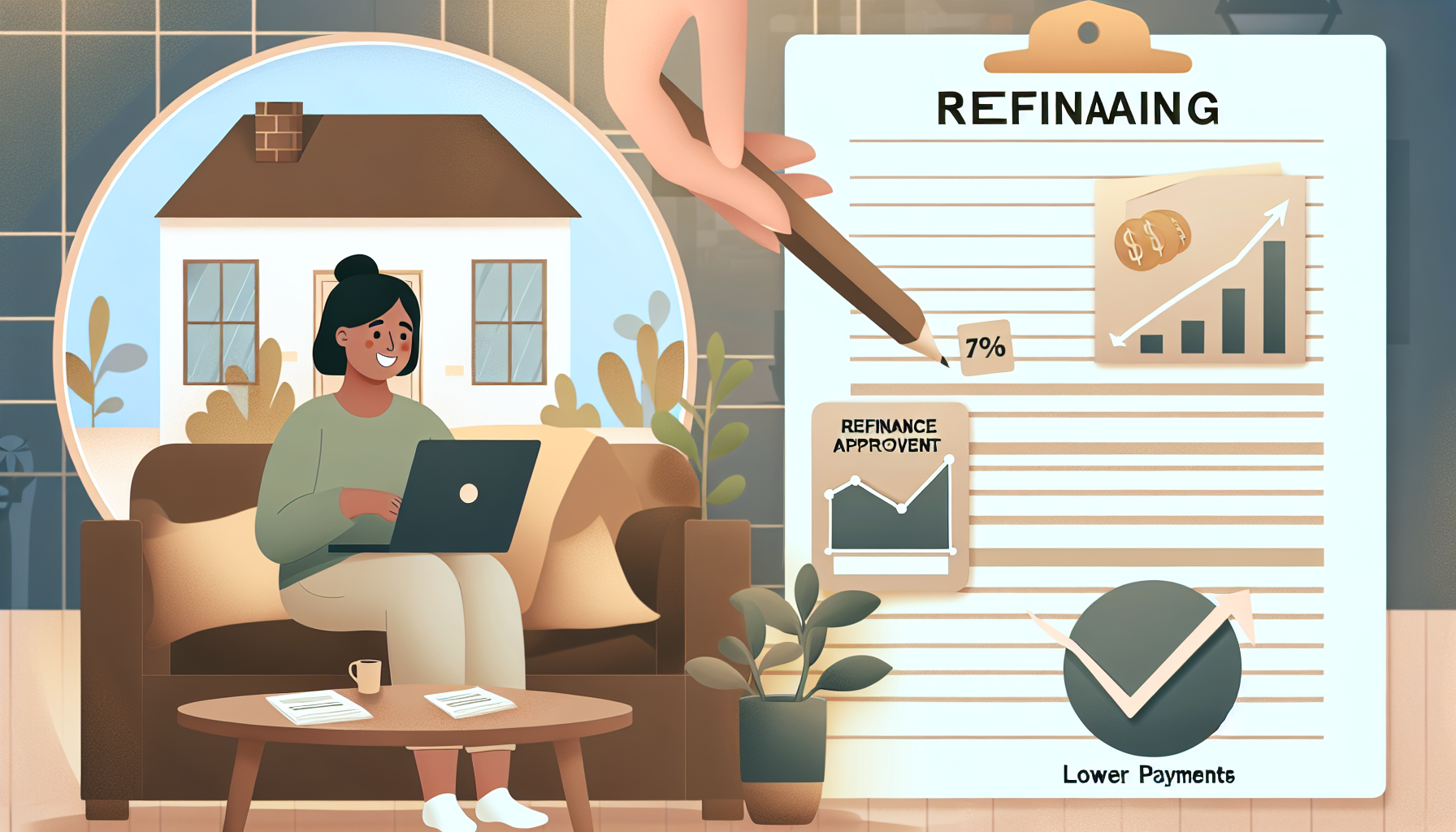 An illustration of a person sitting on a sofa with a laptop, surrounded by paperwork and a coffee cup, symbolizing refinance mortgage processes. Behind them is a large clipboard labeled "REFINAAING" with various financial charts and indicators, including a 7% interest rate, a "Refinance Approval" graph, and a large checkmark icon labeled "Lower Payments." A house is depicted in the background, emphasizing home refinancing and the objective to achieve lower monthly mortgage payments.