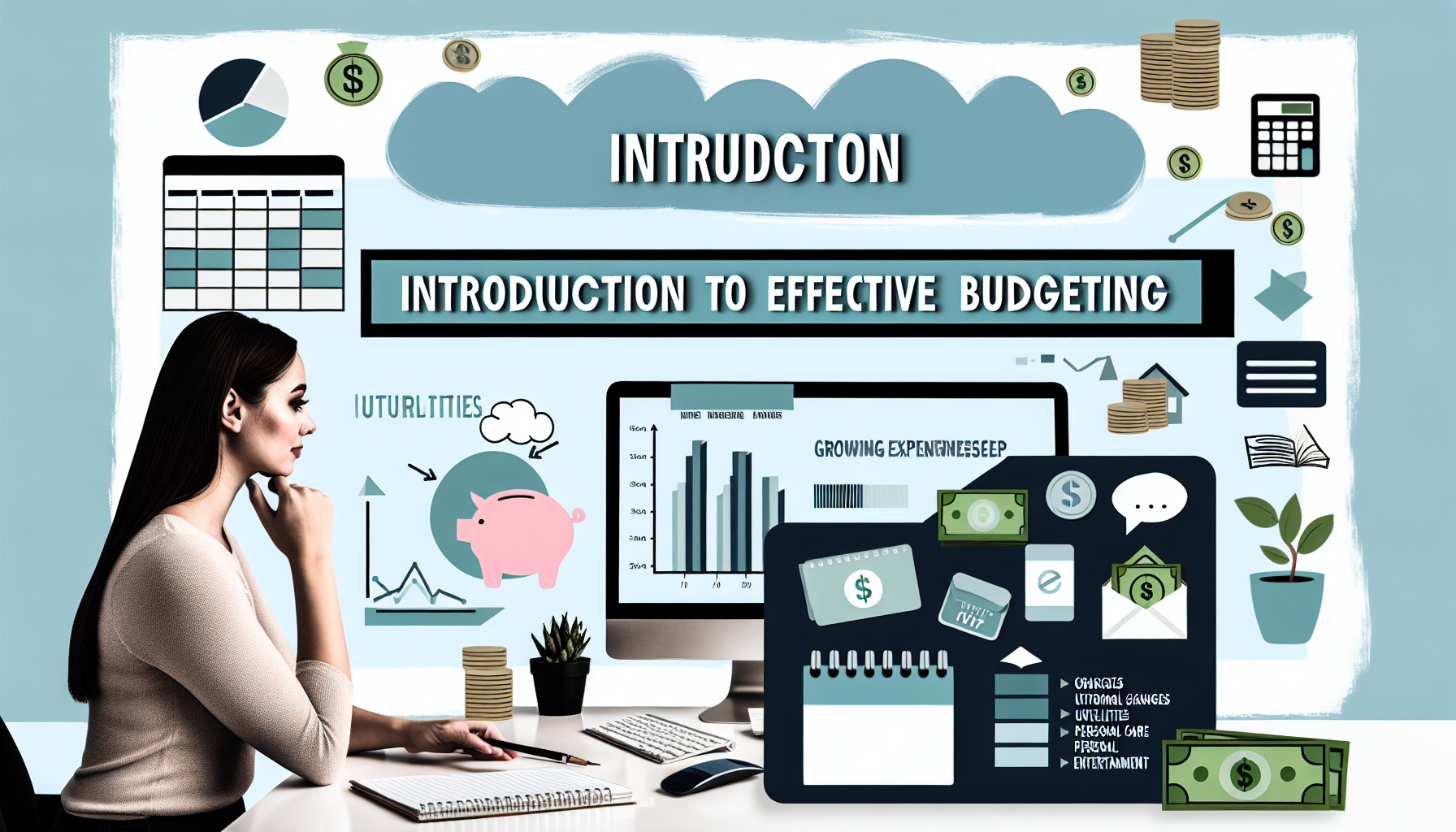 Alt Text: A woman sits at a desk, looking thoughtfully at a computer screen displaying graphs and charts. The background features various icons related to budgeting, including a piggy bank, dollar signs, and a calculator. The central text reads "Introduction to Effective Budgeting" with an emphasis on how to save money. Additional text and visuals emphasize the importance of managing utilities and tracking expenses for effective budgeting.