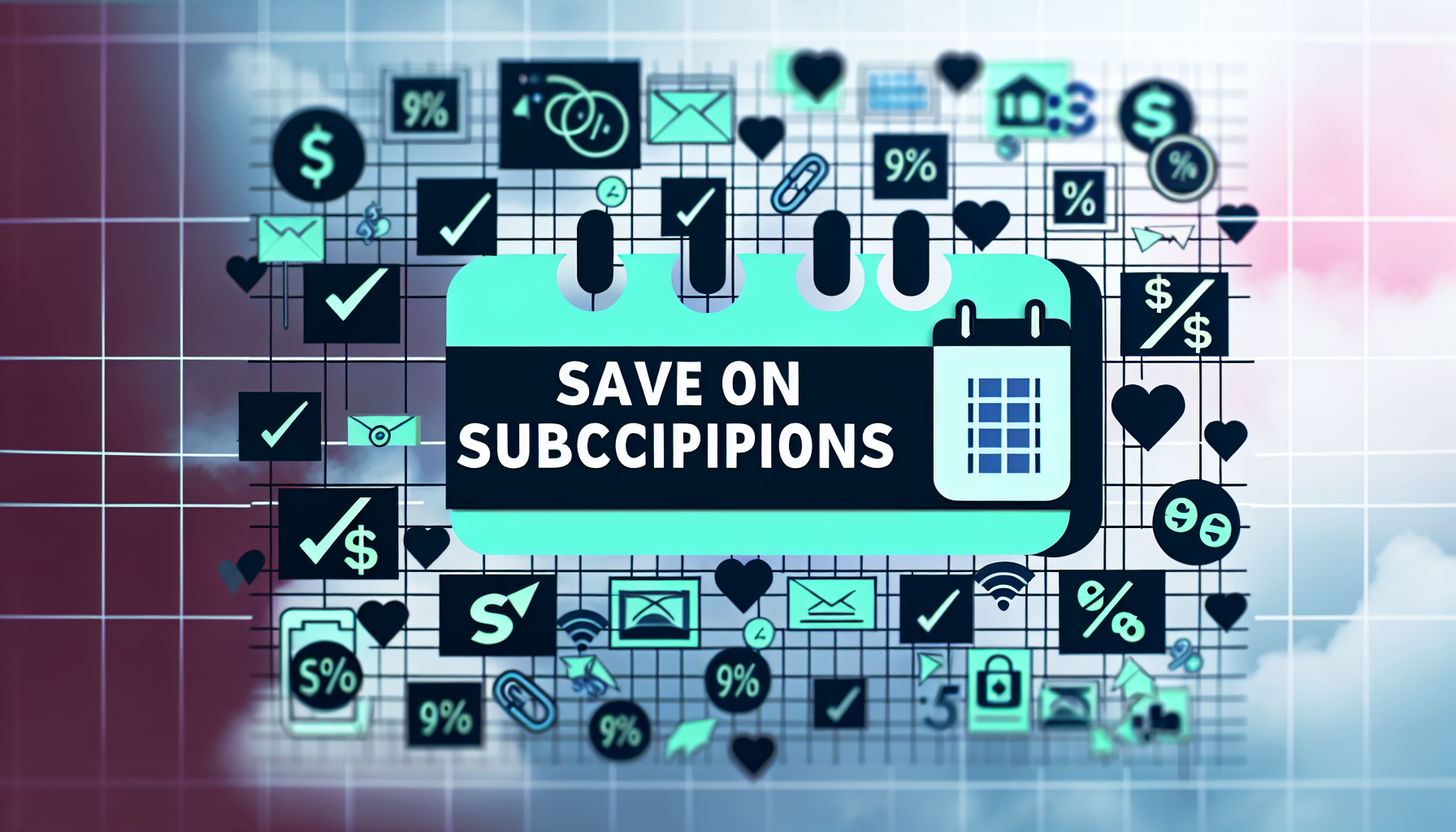 Alt Text: A graphic image with various icons related to finance, like dollar signs, checkmarks, and percentage symbols, overlaid on a grid background. There is a prominent green and black calendar with the text "SAVE ON SUBCCIPIPIONS" in the center.