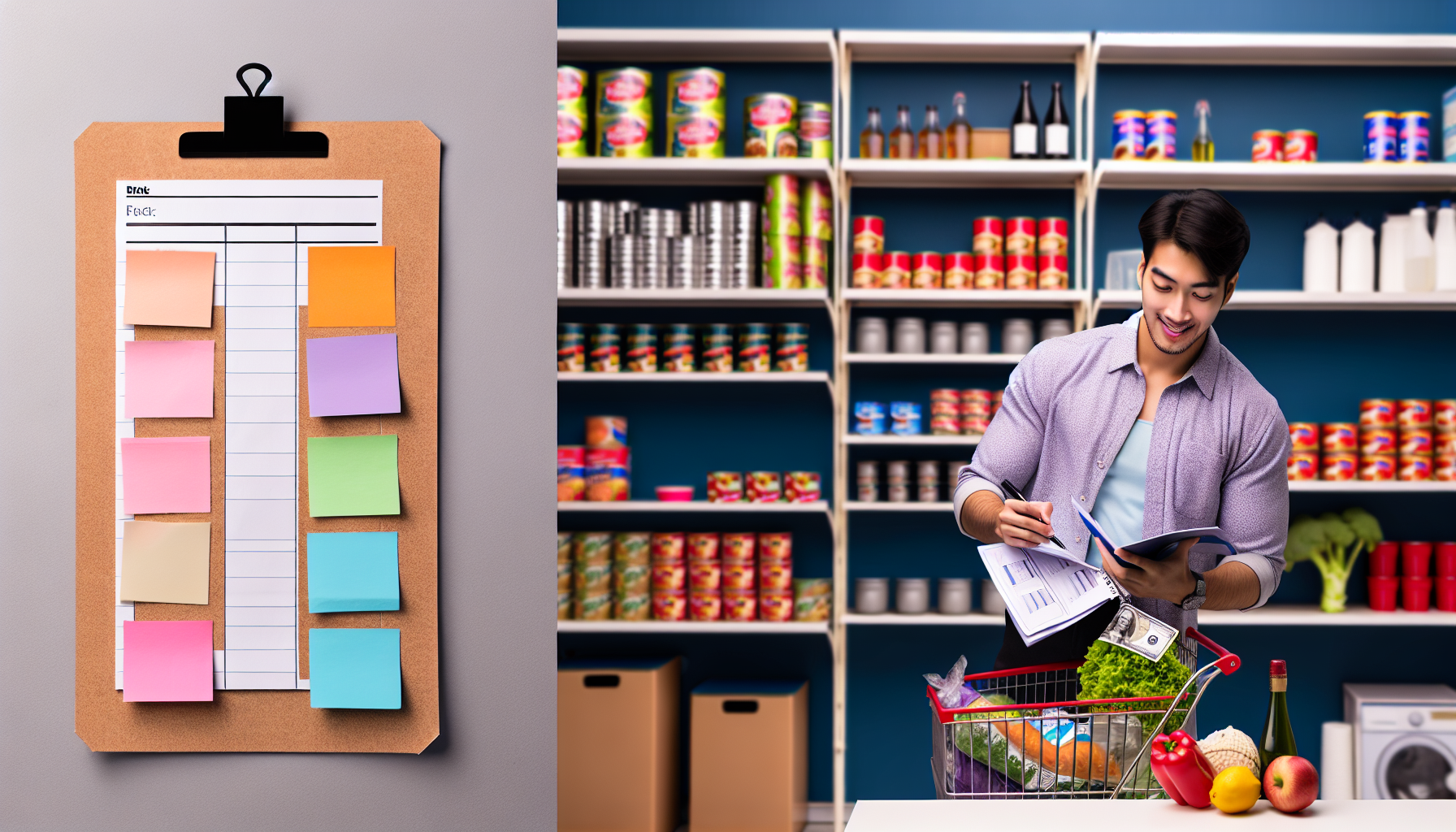 An image showing a side-by-side view. On the left, a clipboard with a budgeting sheet featuring colorful sticky notes, representing organization and saving money. On the right, a smiling person holding a notebook stands in a well-stocked pantry, checking items off their grocery list and placing food items into a shopping cart, highlighting budgeting tips for grocery shopping.
