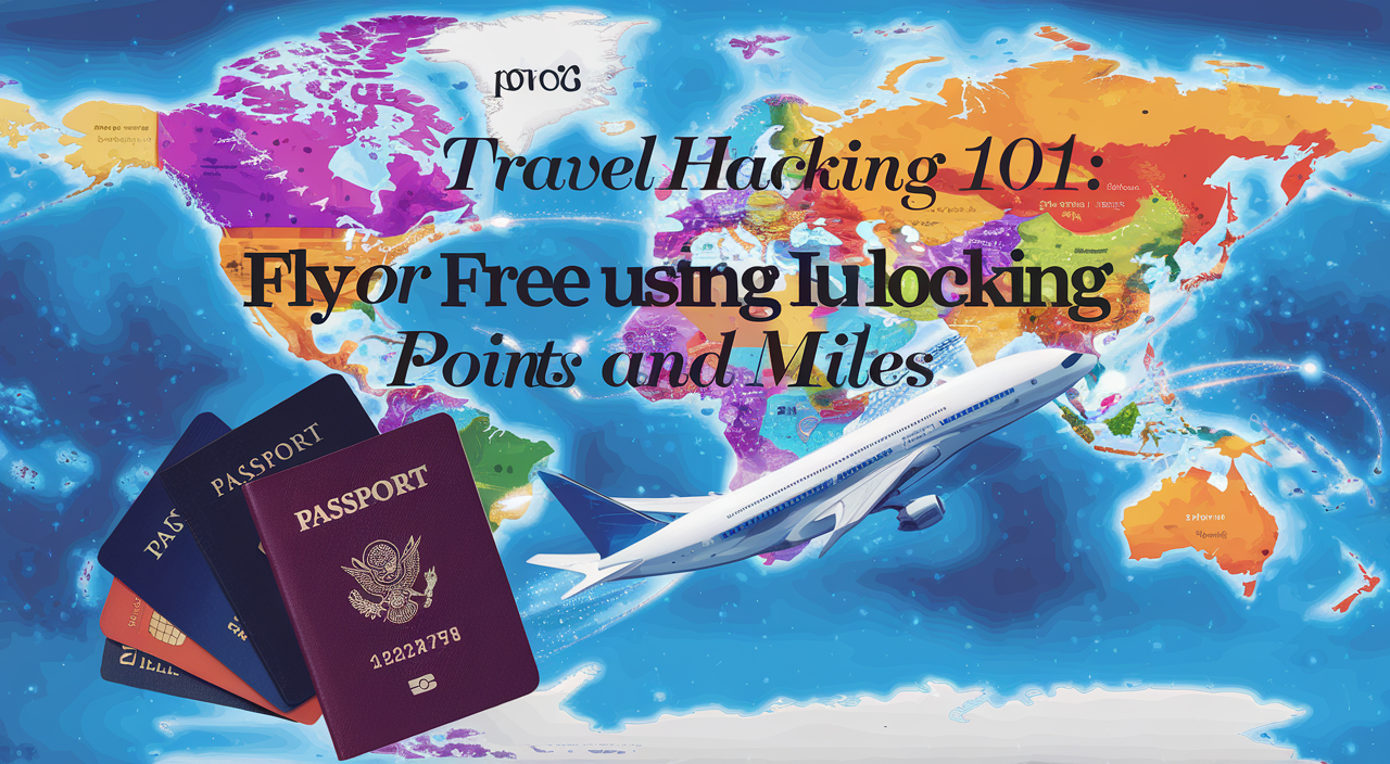 Vibrant world map with colorful pins, airplane, passport, and credit cards for travel hacking.