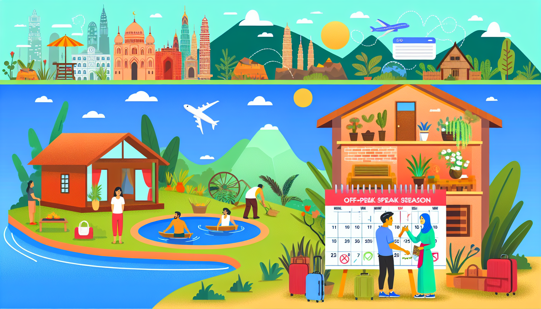 Alt Text: An illustration showcasing various travel hacks to reduce accommodation costs. The upper part features a skyline with famous landmarks, suggesting different travel destinations, with an airplane flying and a search bar. The lower part depicts a serene rural setting with a small house by a pond where people are swimming, and another person is gardening. Next to it, a multi-story building is shown with a large calendar indicating off-peak and peak seasons, where a couple stands discussing travel plans, with suitcases around them.
