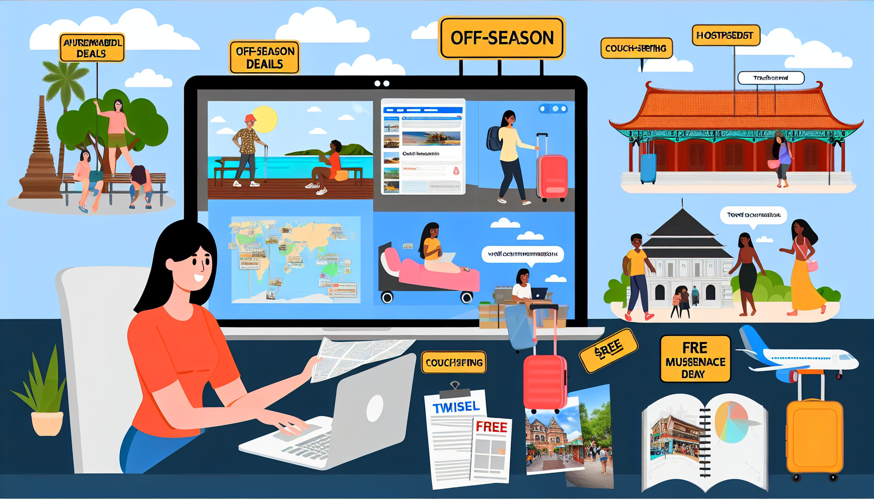 An illustration on how to travel on a budget, showing a woman planning a trip on her laptop. The background features travel tips such as "Off-Season Deals," "Authentic Deals," "Hostels," "Couchsurfing," and "Free Museum Day." There's a mix of scenic spots, accommodation options, and budget-friendly travel ideas displayed on a large scree as well as images of people exploring various destinations.